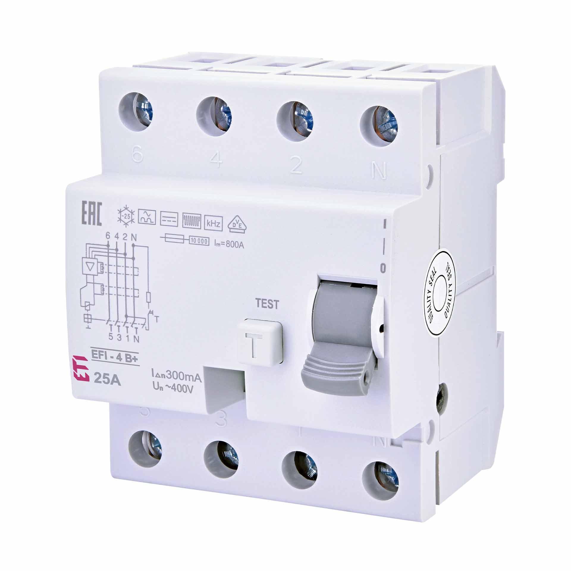 Interruttore differenziale, istantaneo, EFI-4, tipo B+, a 4 poli, 25A, 10kA (0,3A)