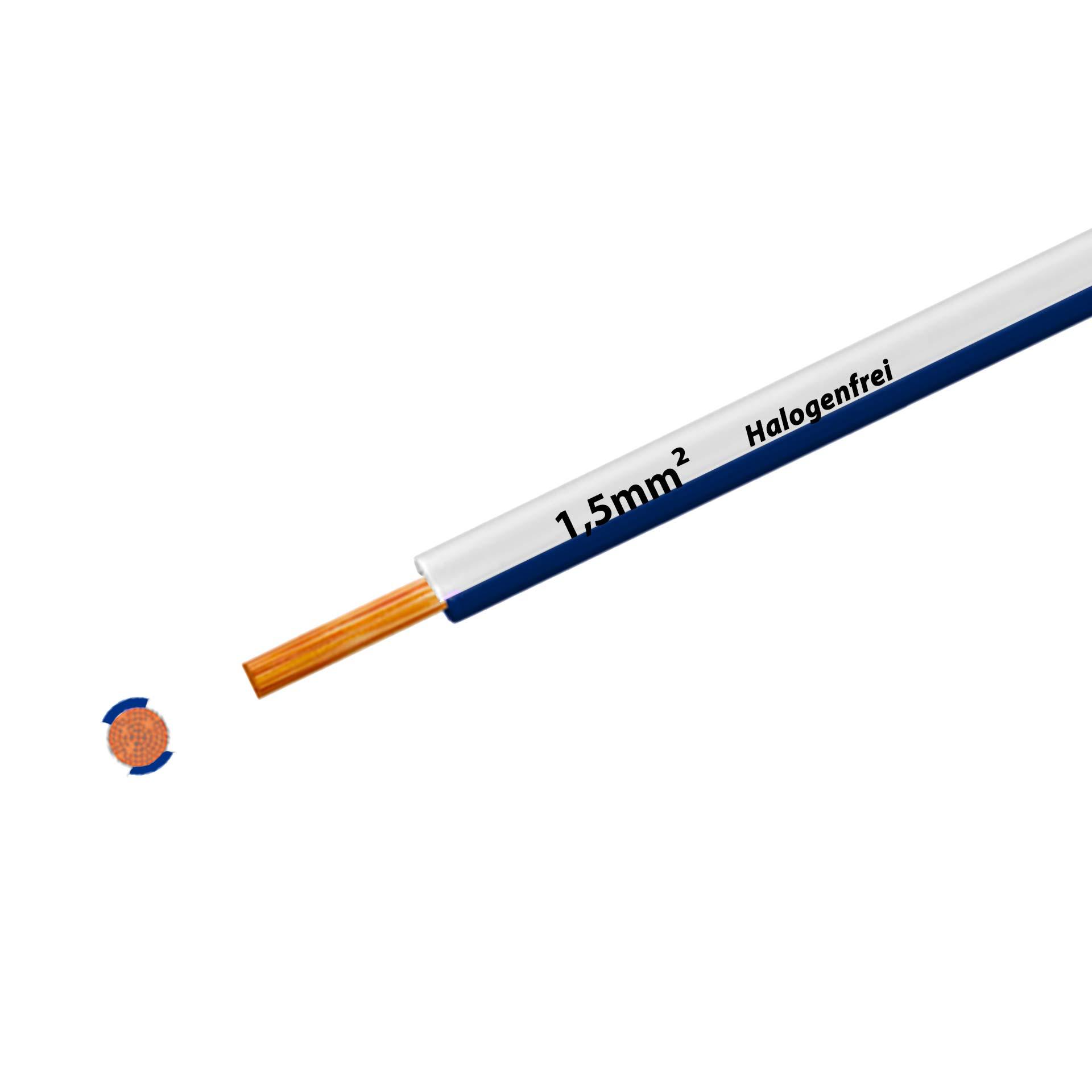 Litze halogenfrei 90° C, 750V, 1.50mm2, weiss-dunkelblau(RAL 9010/5010), auf Kunststoffrolle