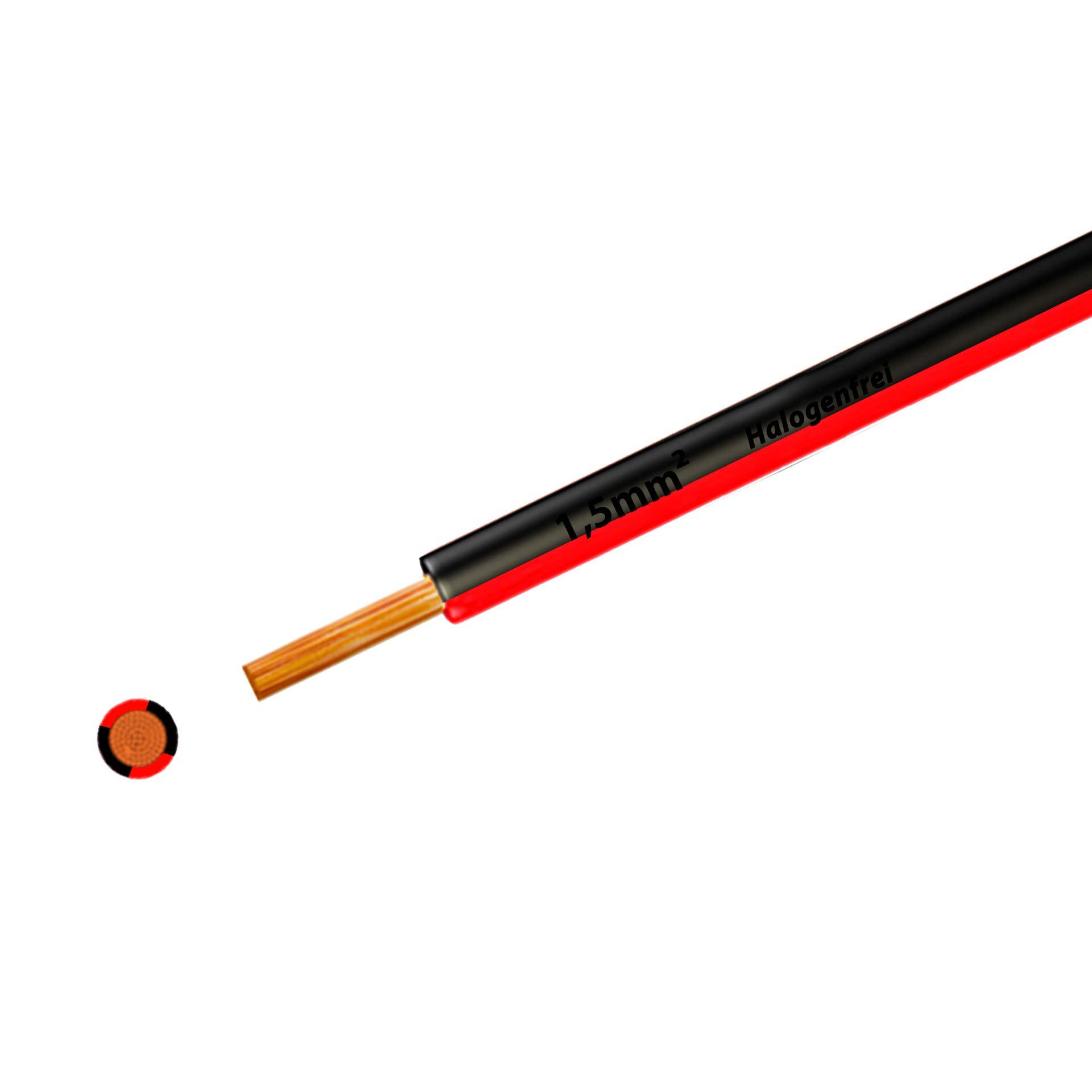 Halogen-free stranded wire 90° C, 750V, 1.50 mm2, black-red (RAL 9005/3000), on plastic reel