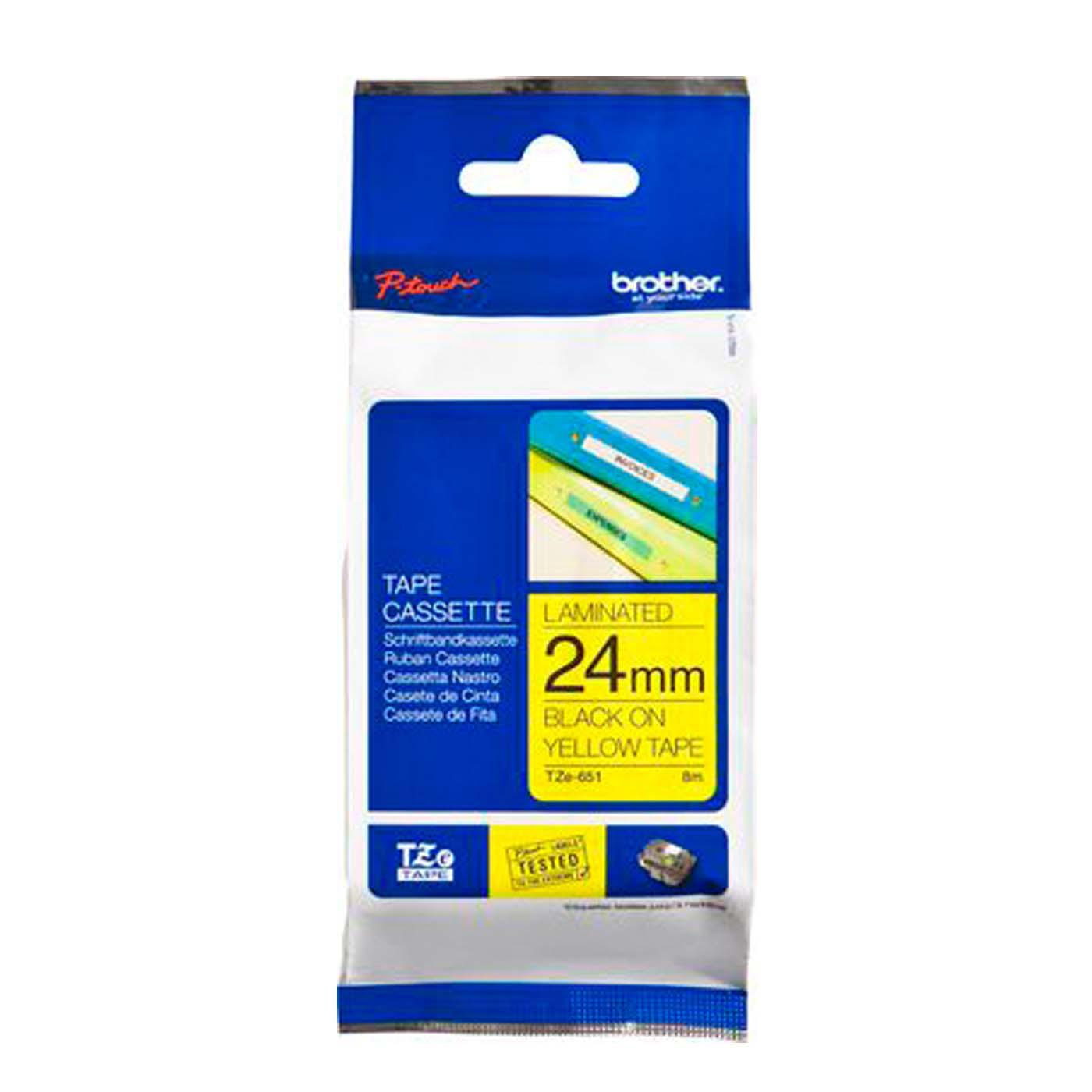 Cassette à ruban pour étiqueteuse Brother, 24mm x 8m, P-Touch TZE-651, jaune / police noir