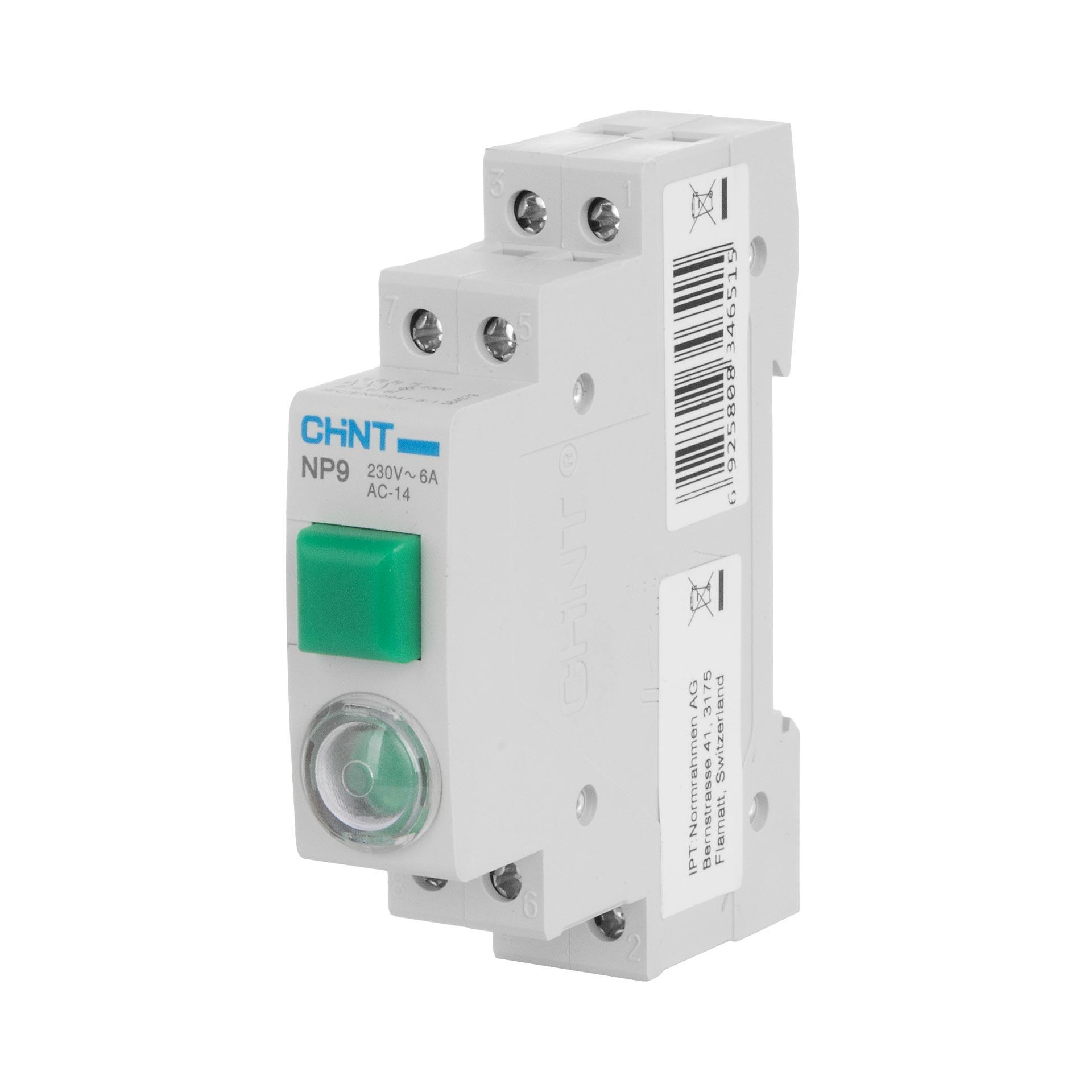 Chint REG Taster und Signal-Lampe (LED), 1-Modul, 230V AC/DC, grün, 16A (Ith), 6A (Ie), 1S & 2Ö