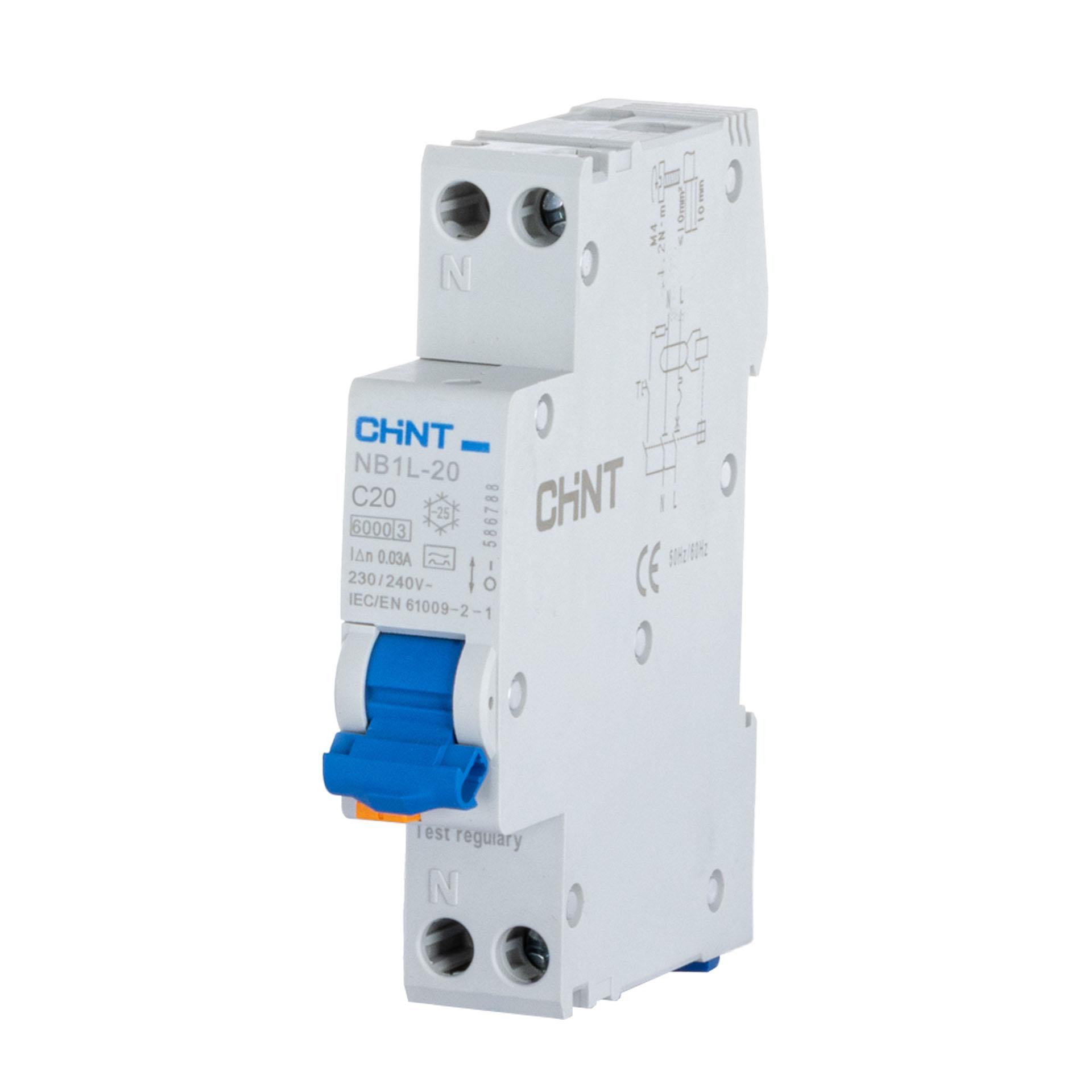 Chint FI/LS - RCBO 1-Modul, Typ A, 1P+N, Charakteristik C / 20A, 6kA, 30mA, Typ NB1L-20