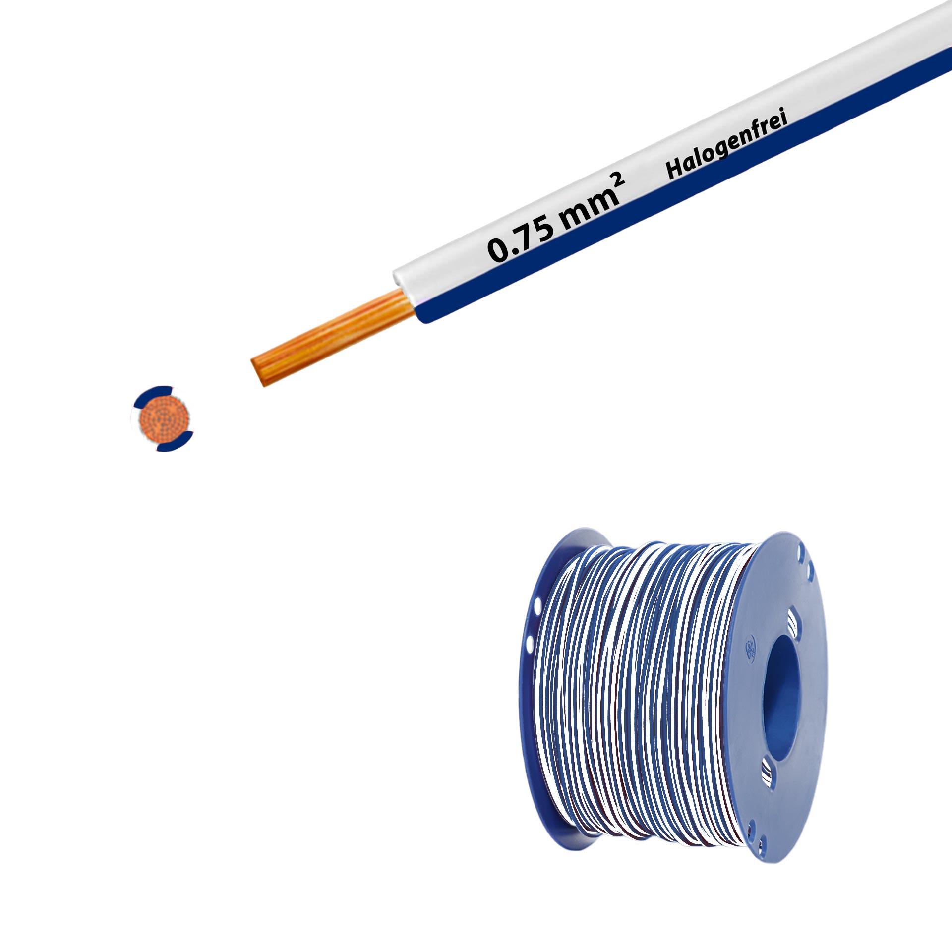 Halogen-free stranded wire 90° C, 500V, 0.75mm2, white-dark blue (RAL 9010/5010), on plastic reel