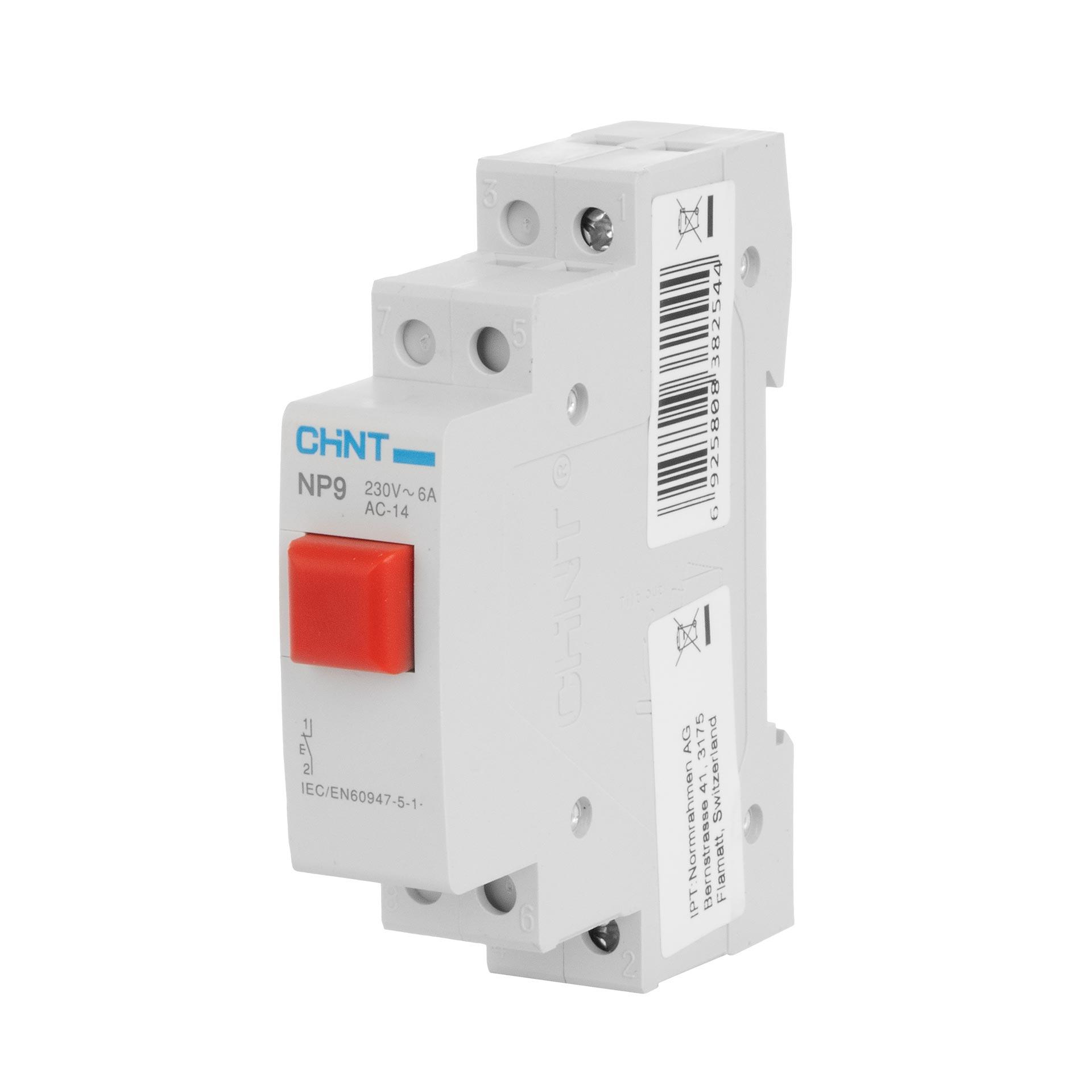 Pulsante Chint REG (rosso), 1 modulo, 230V AC/DC, 16A (Ith), 6A (Ie), 1 contatto NC, tipo NP9-01/2