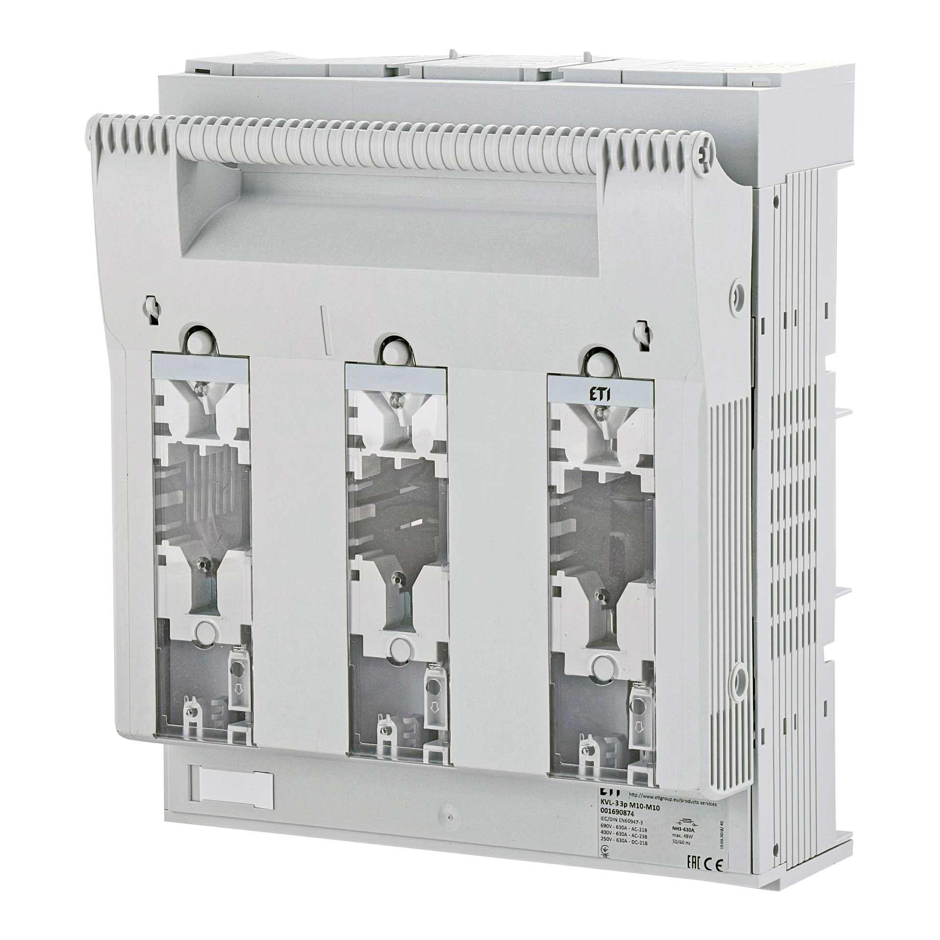 Interrupteur-sectionneur-fusibles HPC Gr.3, 3P, Max. 630A, KVL-3 M10-M10 (montage en saillie)