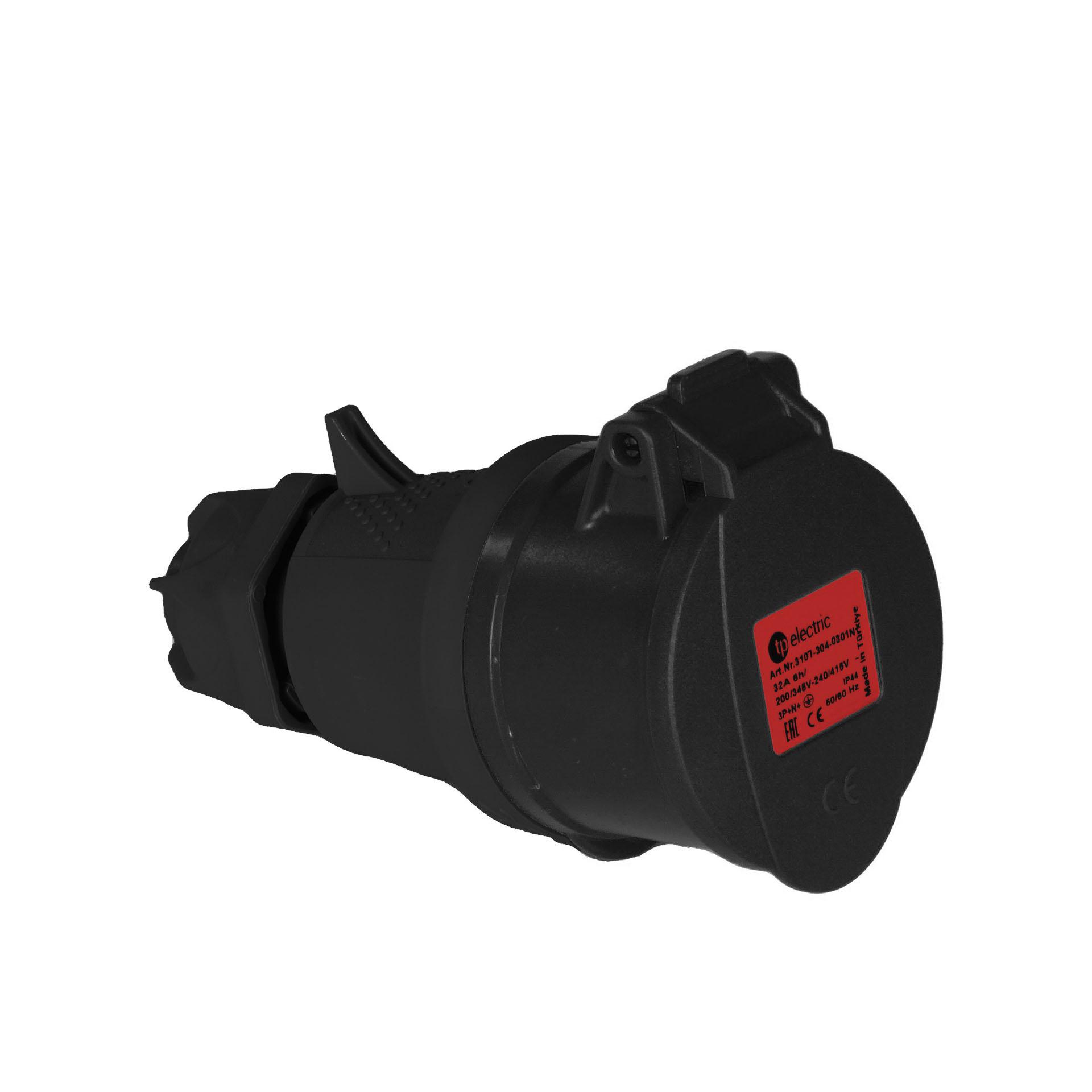 CEE connector 32A, 400V, 5-pin (3P+N+E), 6h, IP44, black, nickel-plated contacts