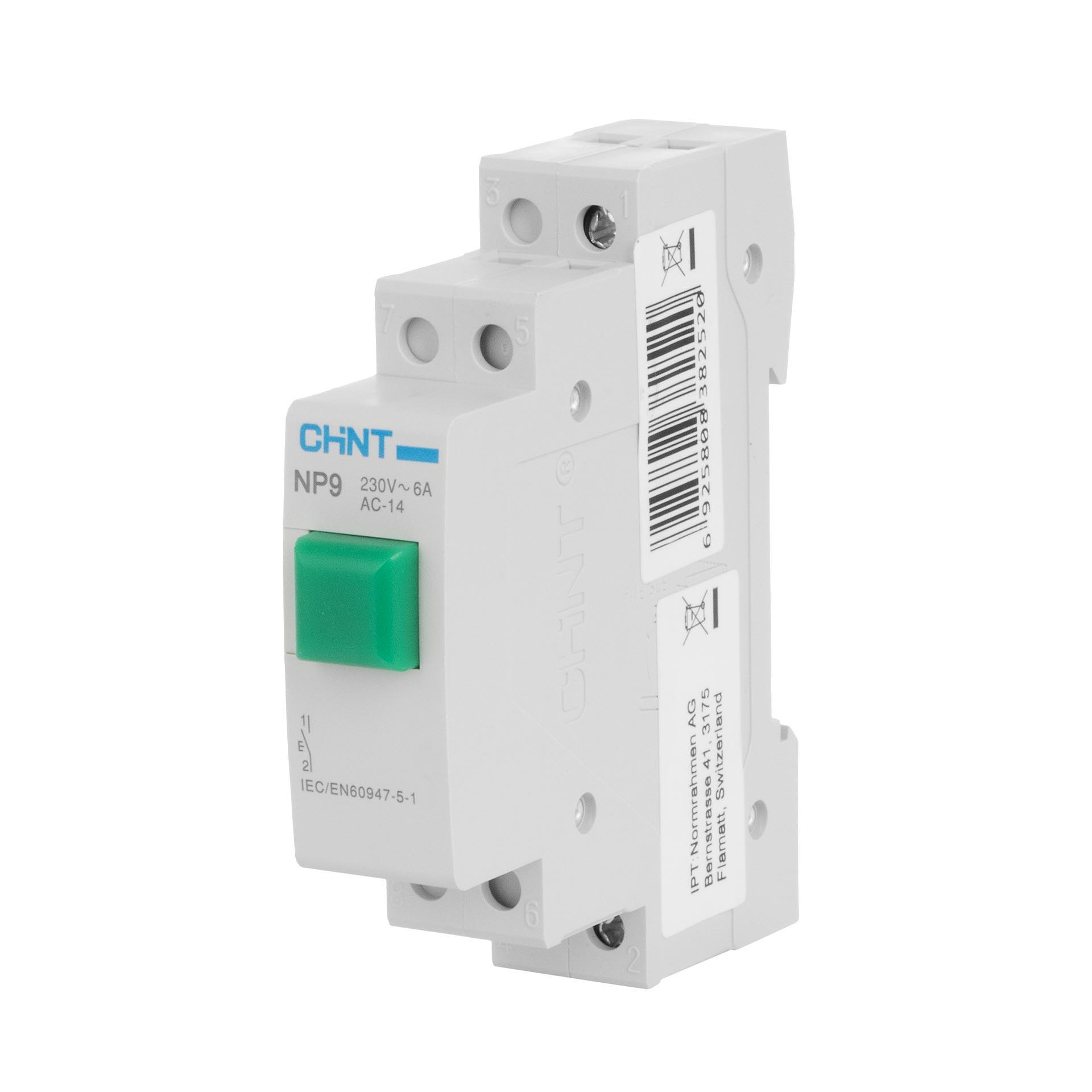 Pulsante Chint REG (verde), 1 modulo, 230V AC/DC, 16A (Ith), 6A (Ie), 1 contatto NA, tipo NP9-10/1