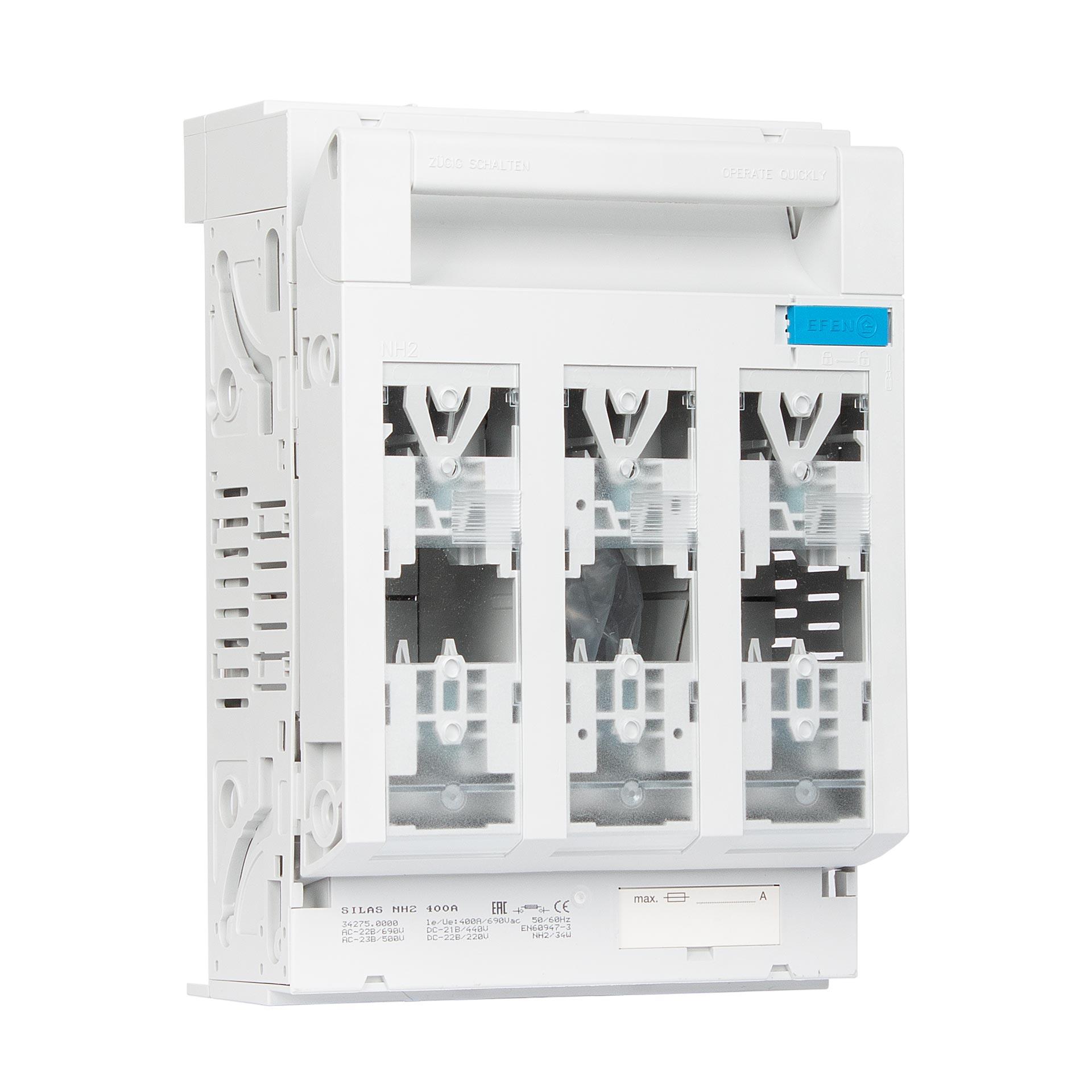 Sezionatore con fusibile Silas NH misura 2, 3P, RK 95-300mm², max. 400A, RR, "montaggio in superficie Sezionatore con fusibile Silas NH misura 2, 3P, RK 95-300mm², max. 400A, RR, "montaggio in superficie