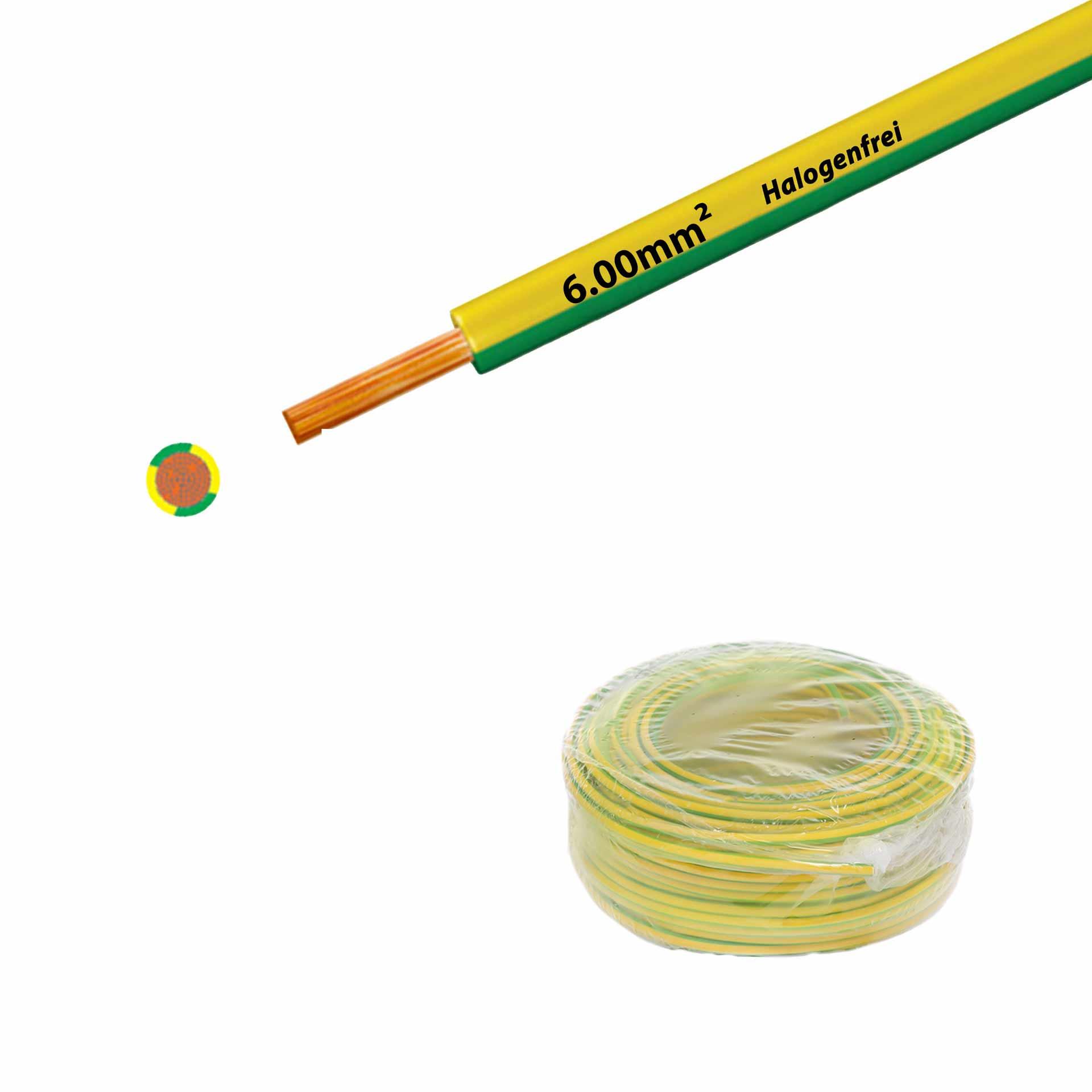 Halogen-free stranded wire 90° C, 750V, 6.00mm2, yellow-green (RAL 1021/6018), on ring
