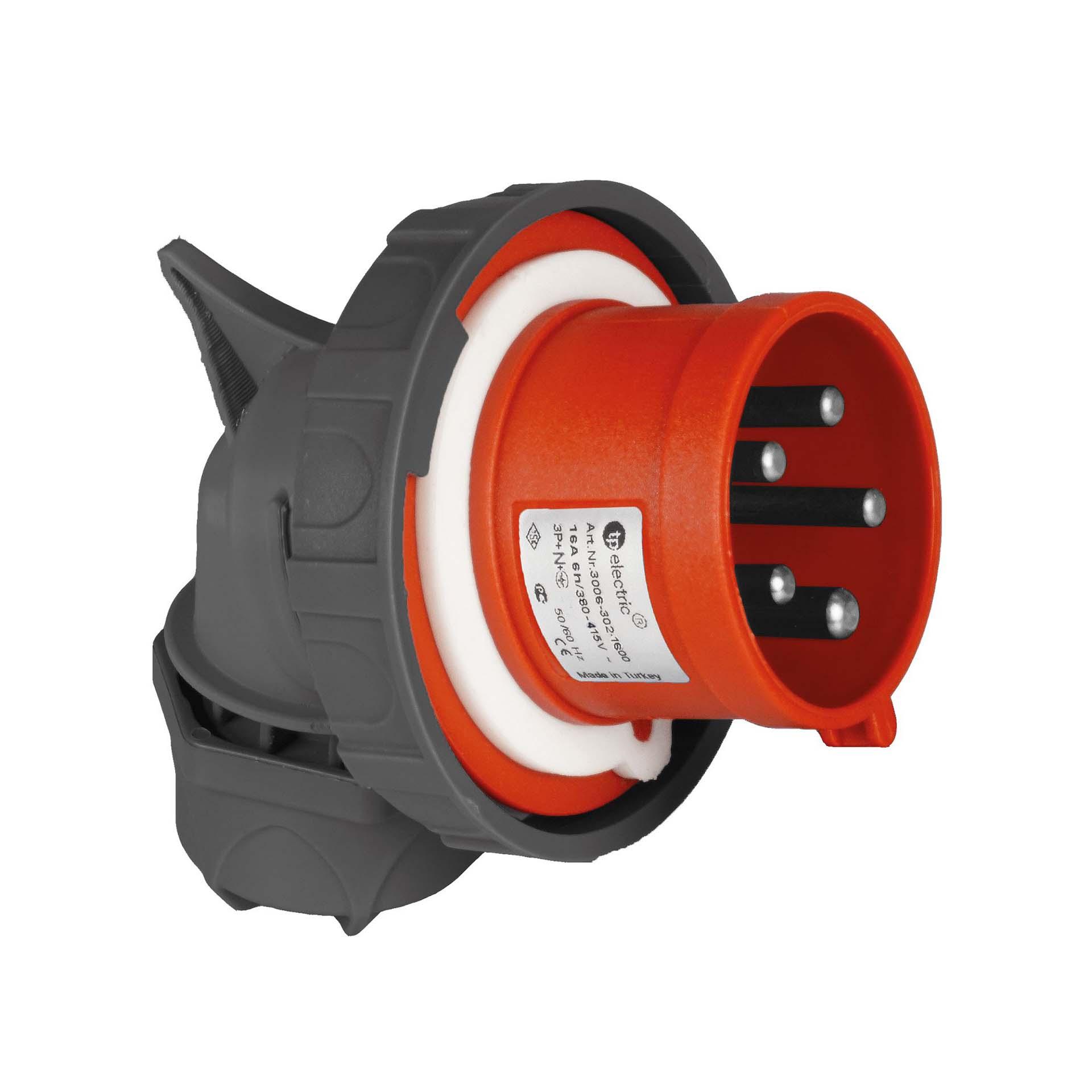 Quick CEE angled plug 16A, 400V, 5-pin (3P+N+E), 6h, IP67, red and anthracite, nickel-plated contacts