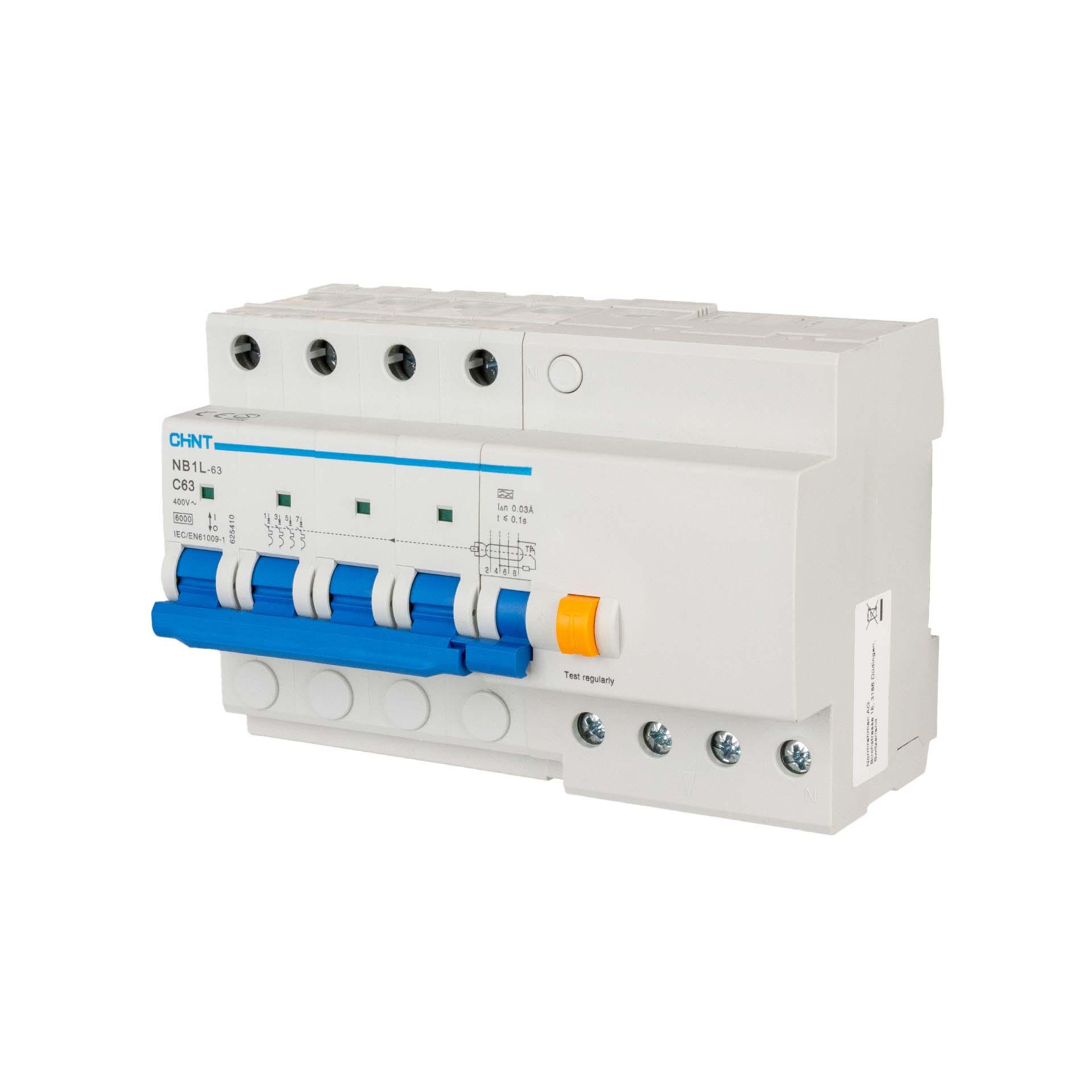 Chint FI/LS - RCBO 7.5-Modul, Typ A, 4P, Charakteristik C / 63A, 6kA, 30mA, Typ NB1L-63