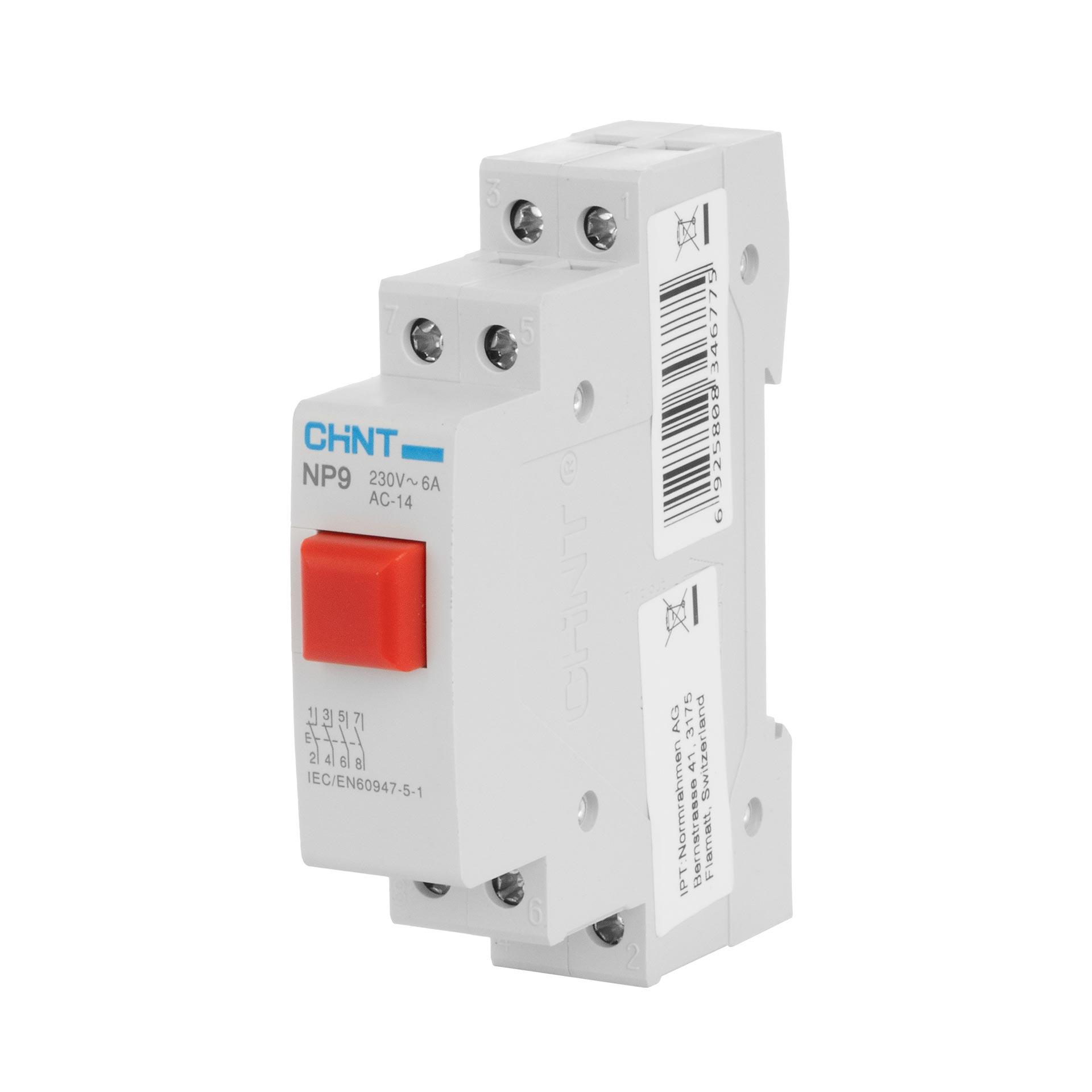 Chint REG Taster (rot), 1-Modul, 230V AC/DC, 16A (Ith), 6A (Ie),  2-Schlies. & 2-Öffn., Typ NP9-22/2