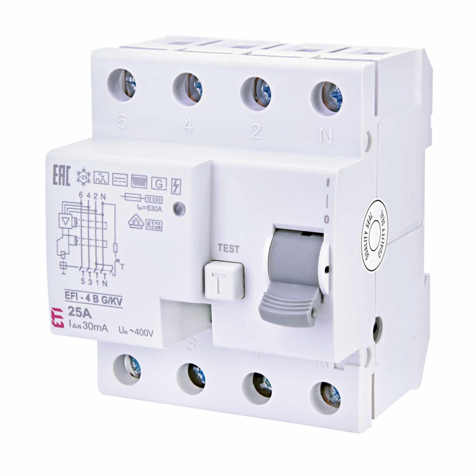 Interrupteur différentiel légèrement temporisé , EFI-P4R, type B, G/KV, 4 pôles, 125A, 10kA (0.03A)