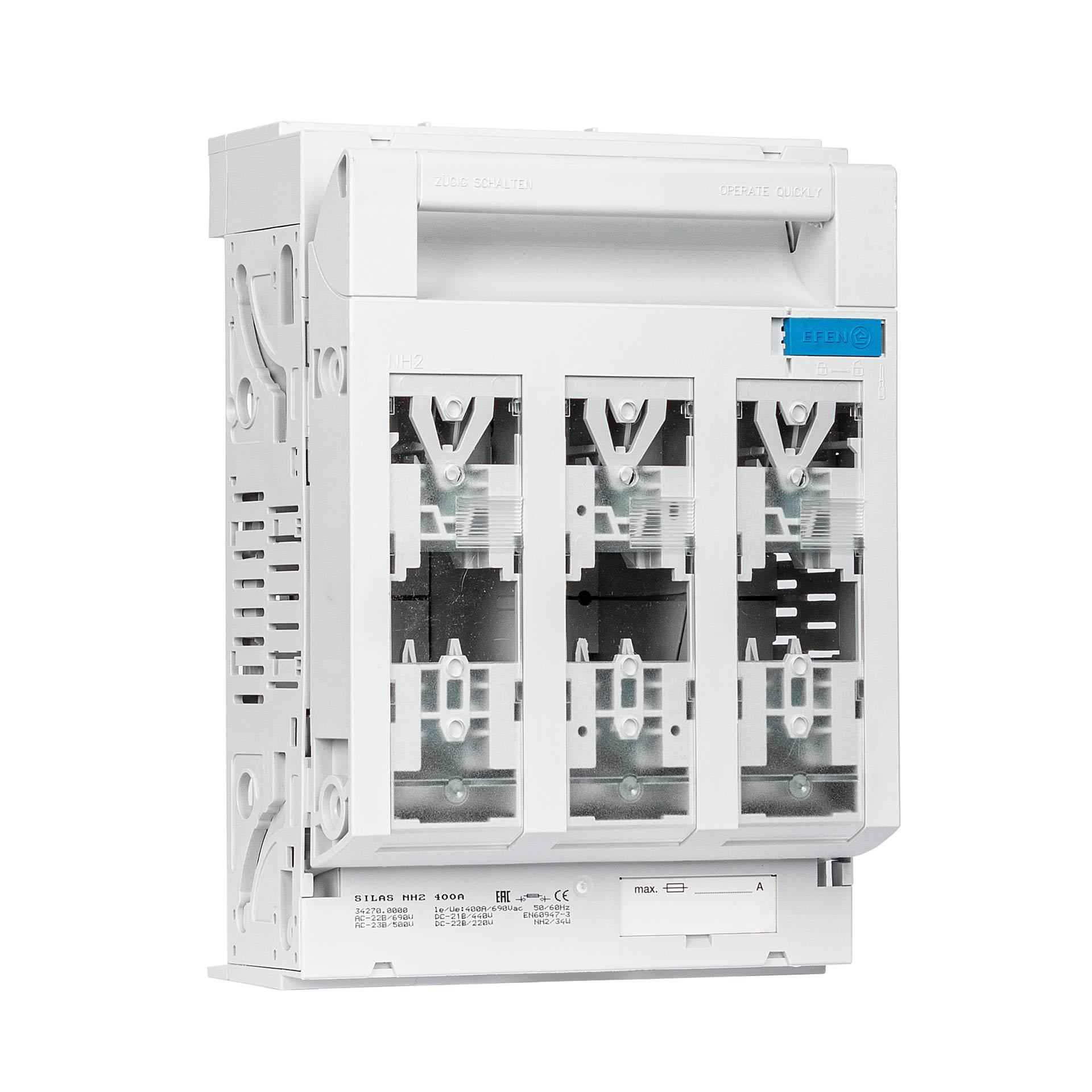 Interruttore di manovra-sezionatore Silas NH taglia 2, 3P, M10, max. 400A, U2U2, "montaggio in superficie". Interruttore di manovra-sezionatore Silas NH taglia 2, 3P, M10, max. 400A, U2U2, "montaggio in superficie".