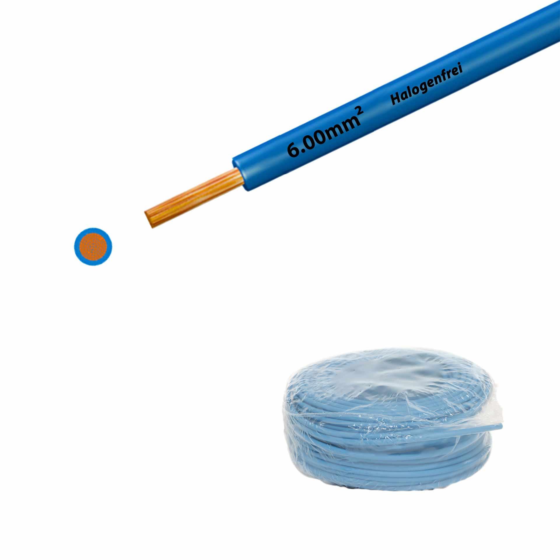 Fil sans halogène 90° C , 750V, 6.00mm2, bleu clair (RAL 5012), sur anneau