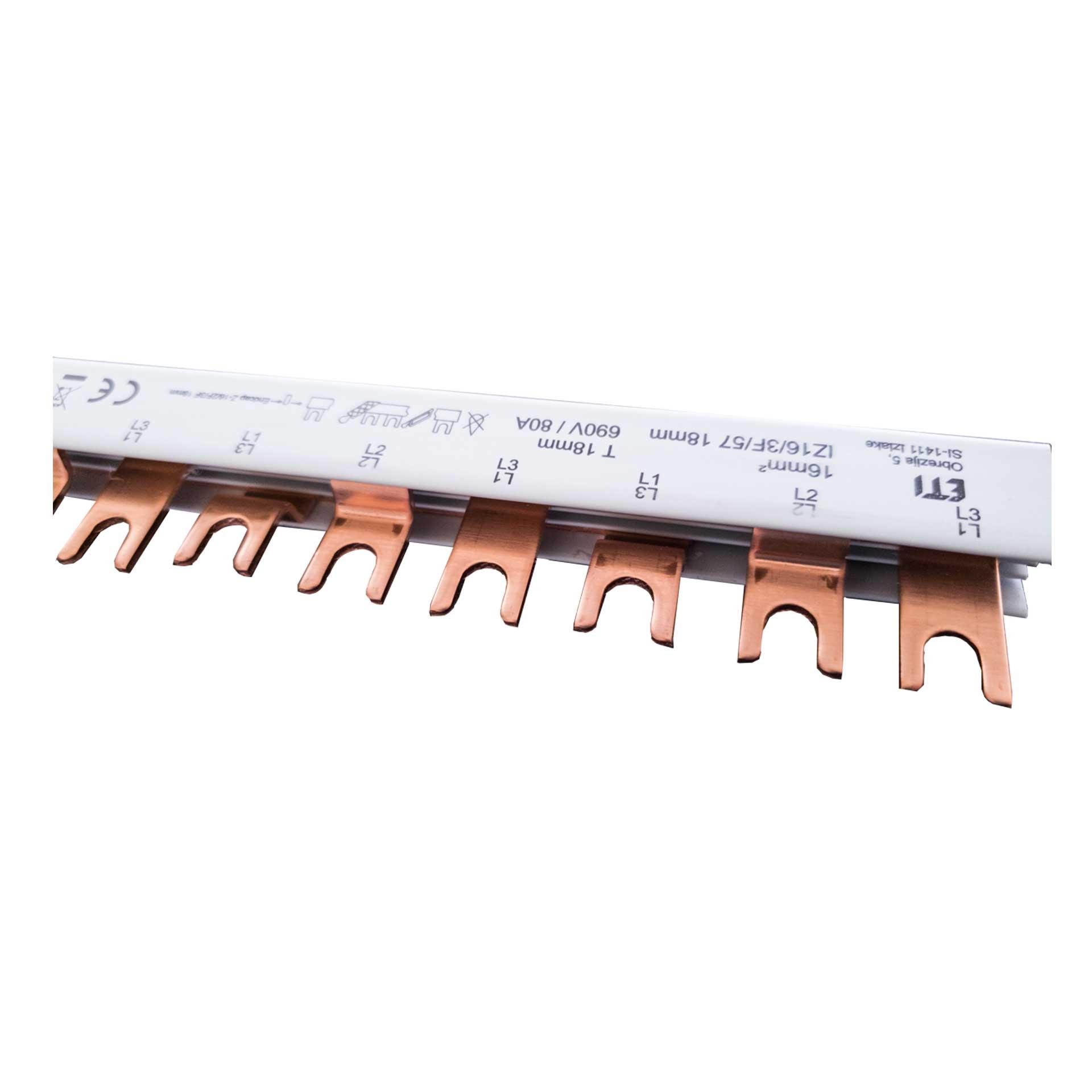 Insulated forked phase busbar 16mm2, (19x3P) P-P=18mm