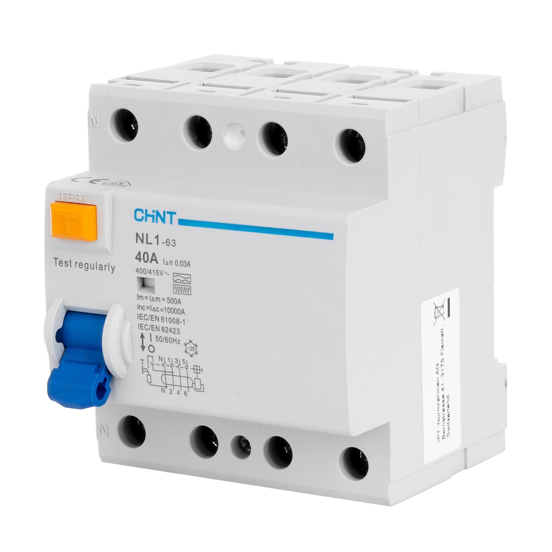 Chint Interrupteur différentiel instantané, 4P, 40A, type F, 10kA, 30mA, N-à gauche  (NL1-63)