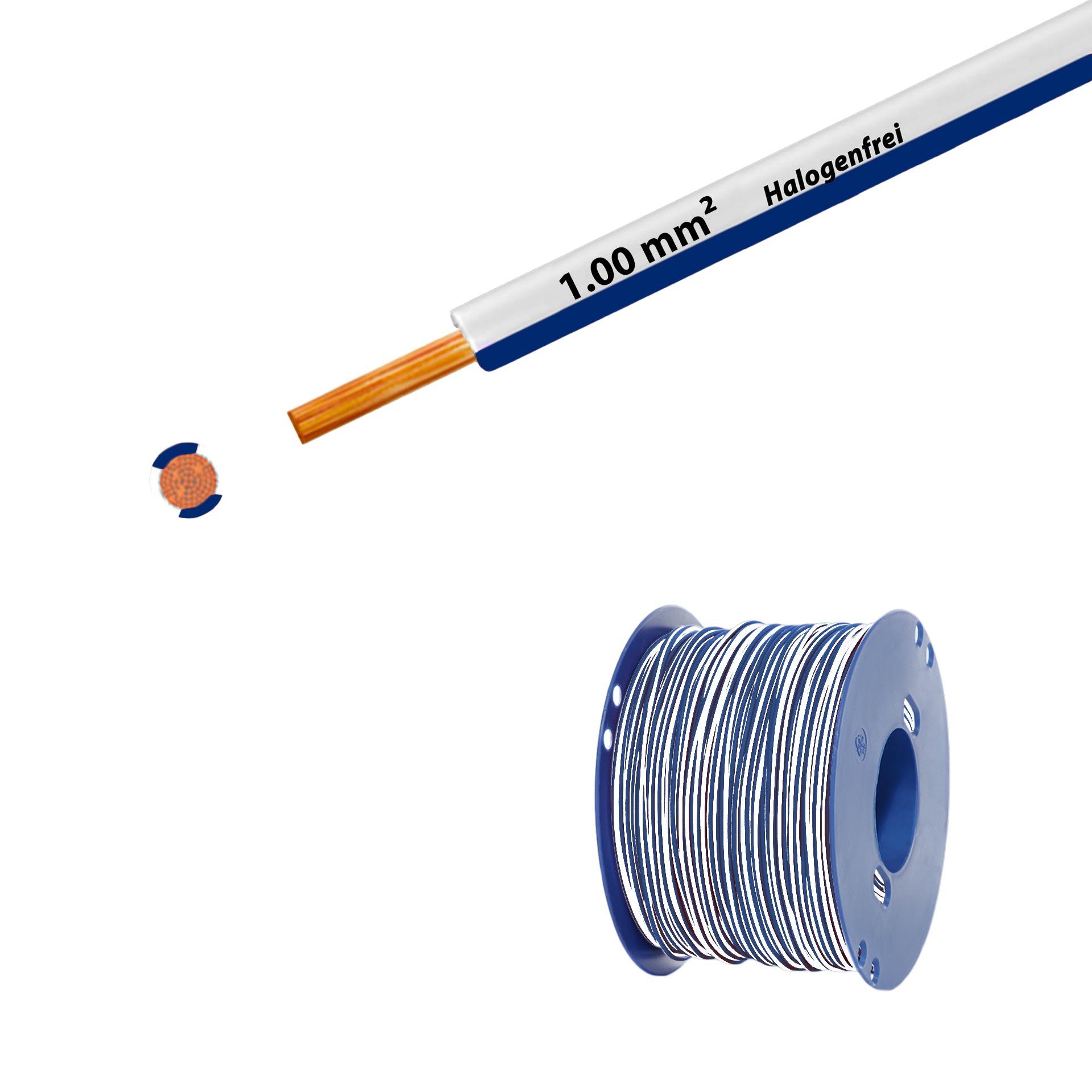 Halogen-free stranded wire 90° C, 500V, 1.00mm2, white-dark blue (RAL 9010/5010), on plastic reel