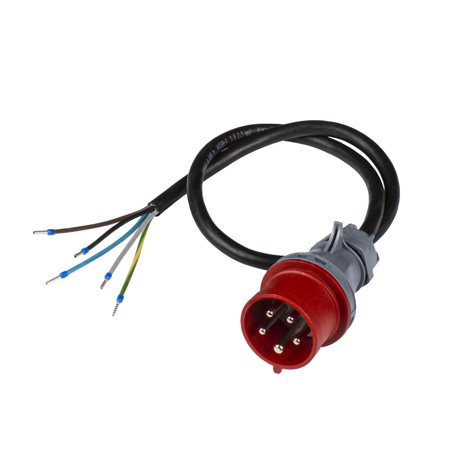 Anschlusskabel schwarz "Gdv" 1 Meter mit CEE16-5 Stecker, 100mm abgemantelt mit 12mm Aderendhülsen