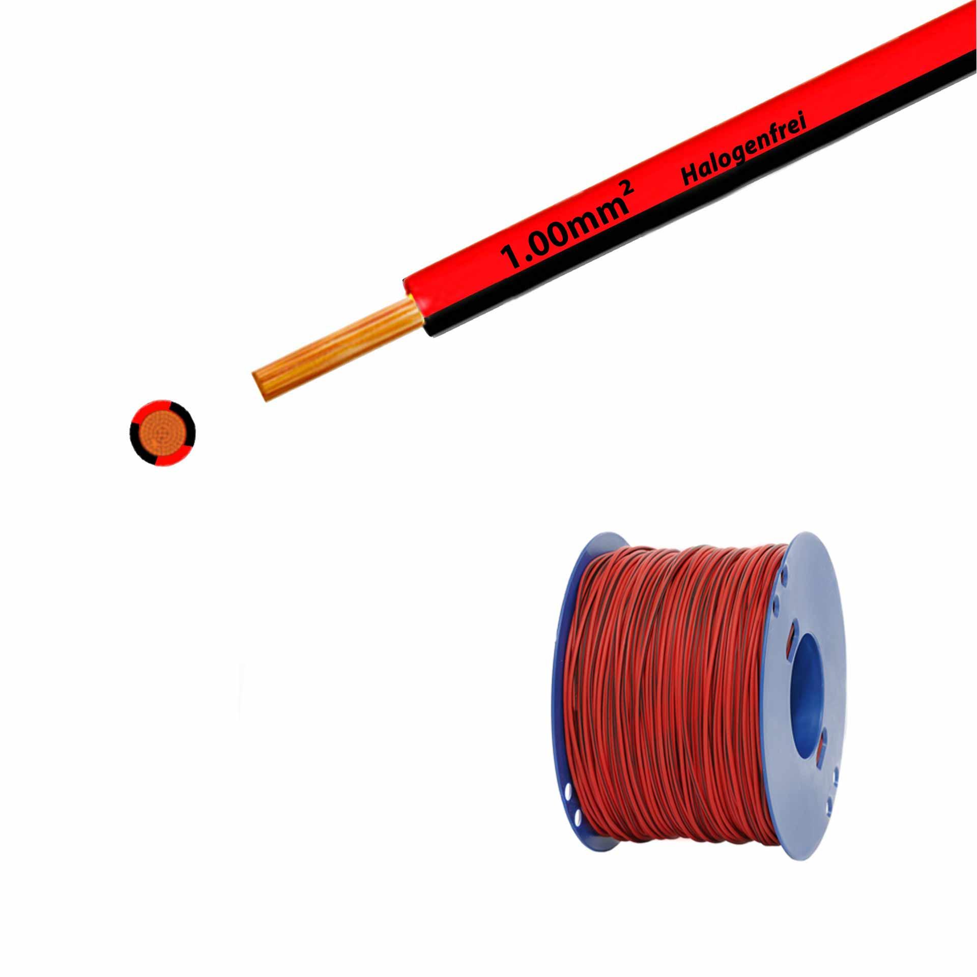 Cavo a trefoli senza alogeni 90° C, 500 V, 1,00 mm2, rosso-nero (RAL 3000/9005), su bobina di plastica
