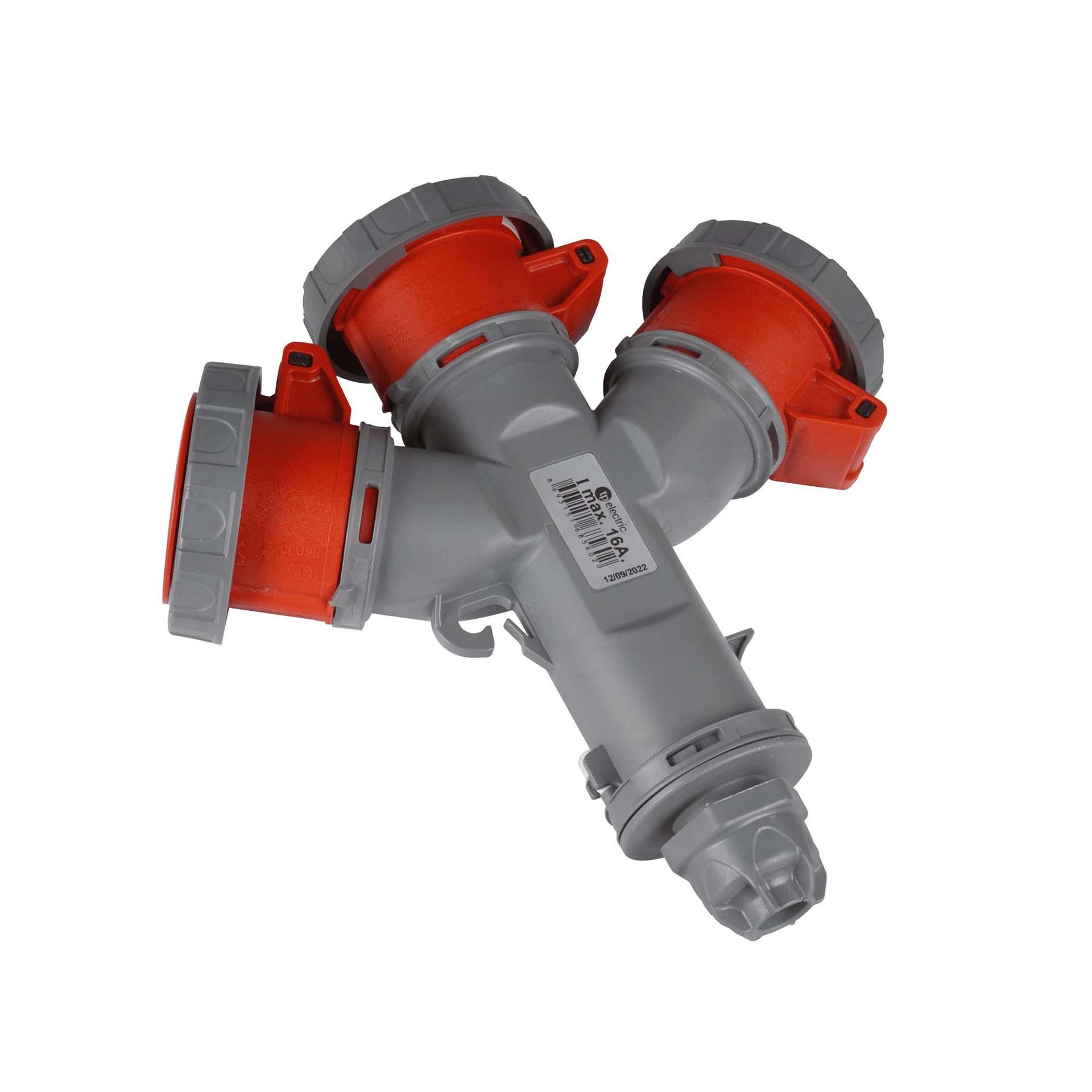CEE multiplex connector 16A, 400V, 5-pole (3P+N+E), 6h, IP67, 3-way output, nickel-plated contacts
