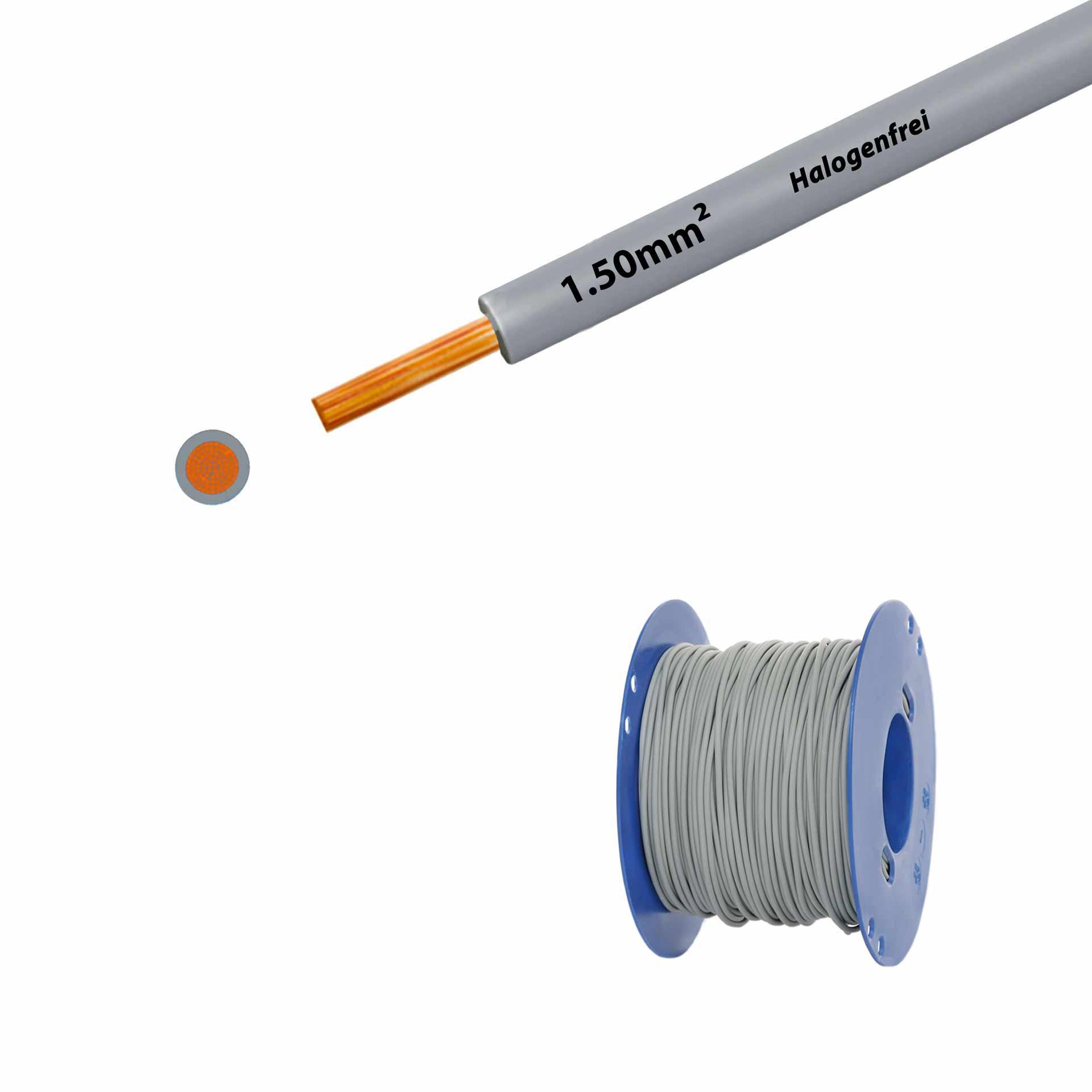Halogen-free stranded wire 90° C, 750V, 1.50mm2, grey (RAL 7001), on plastic reel