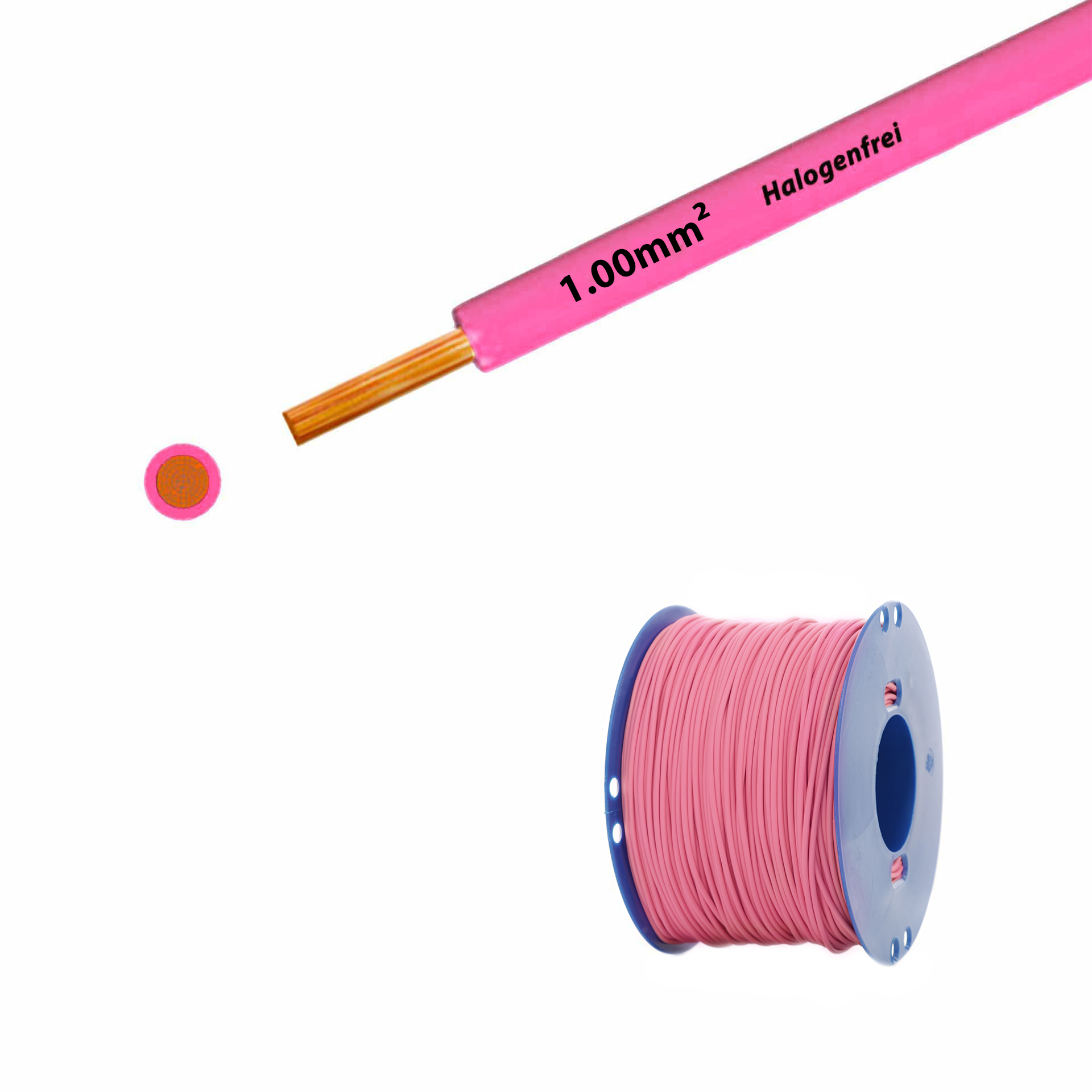 Fil sans halogène 90° C , 500V, 1.00mm2, rose (RAL 3015), sur bobine