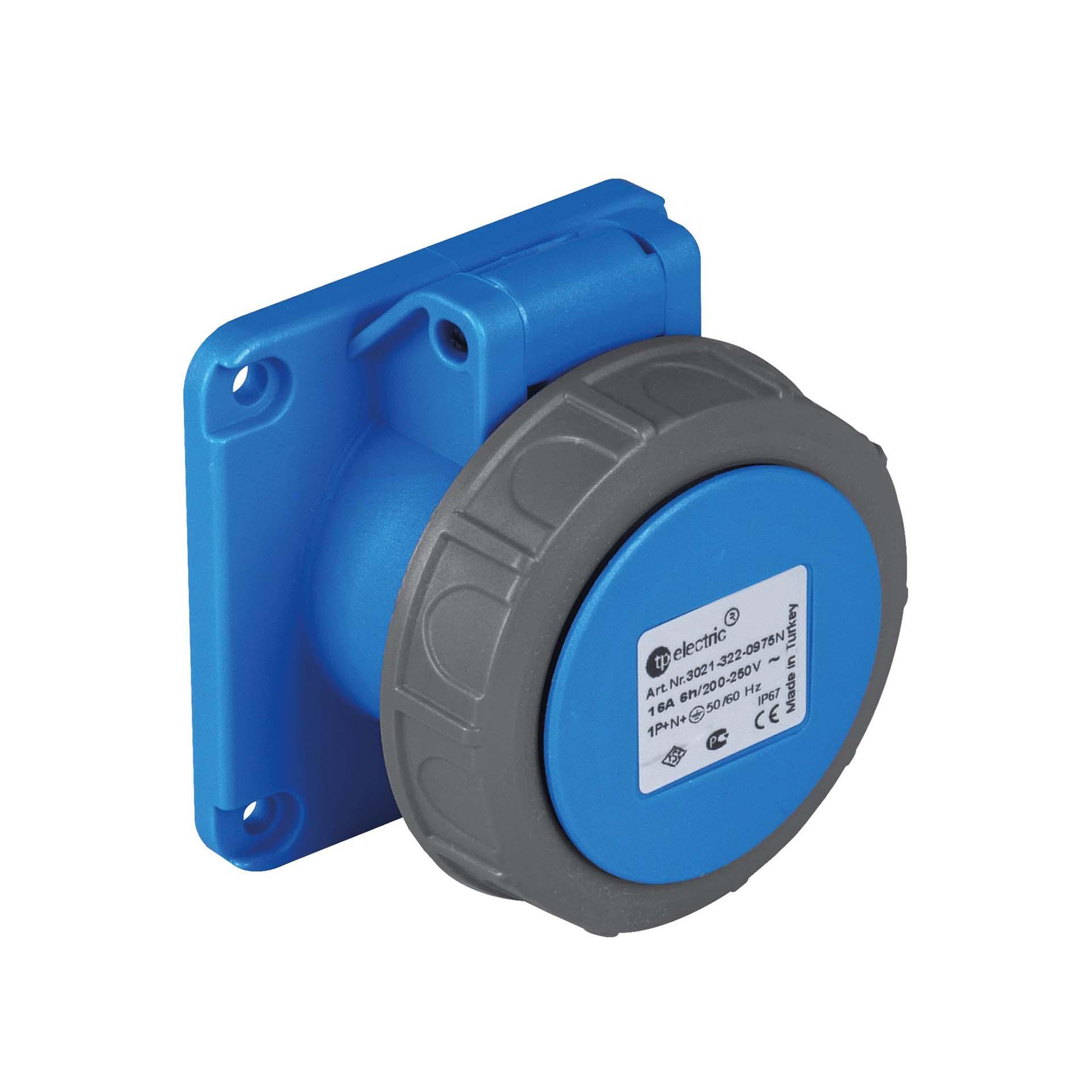 Quick CEE socket outlet 16A, 230V, 3-pole (1P+N+E), 6h, IP67, straight, blue, nickel-plated contacts