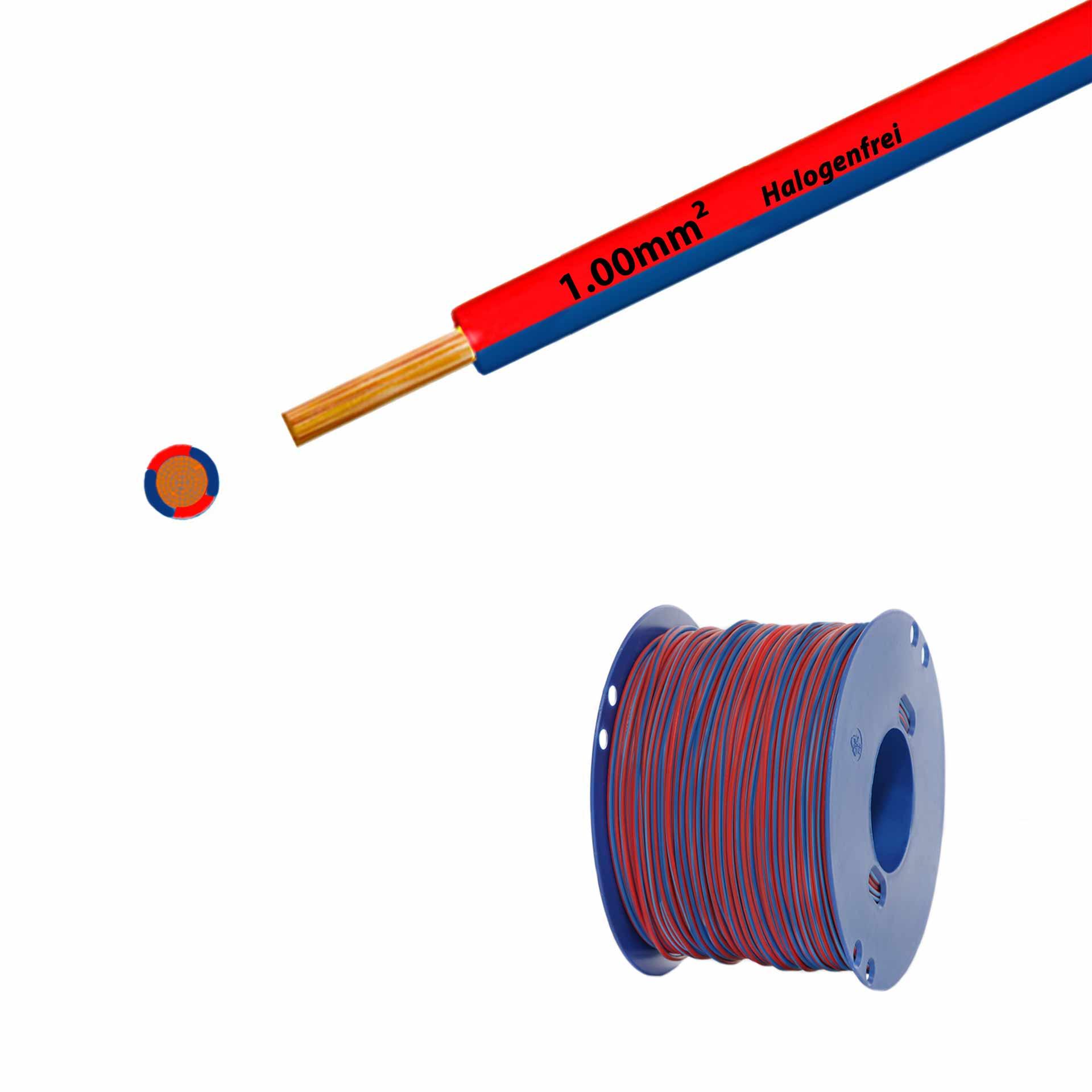 Fil sans halogène 90° C , 500V, 1.00mm2, rouge-bleu foncée (RAL 3000/5010), sur bobine