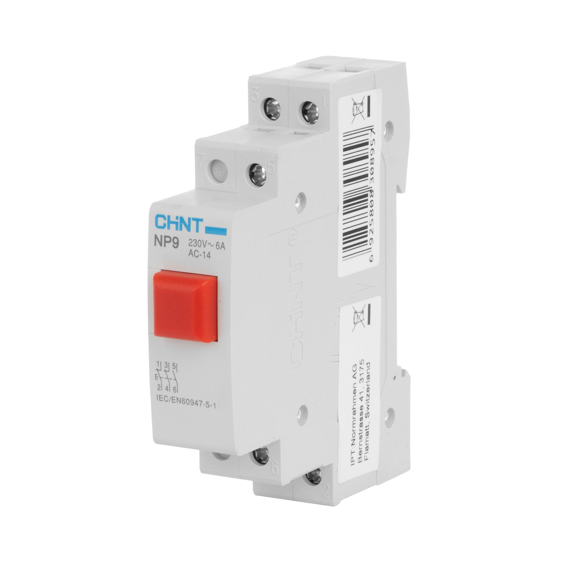 Pulsante Chint REG (rosso), 1 modulo, 230V AC/DC, 16A (Ith), 6A (Ie), 1 chiusura e 2 aperture, tipo NP9-12/2. & a 2 aperture, tipo NP9-12/2