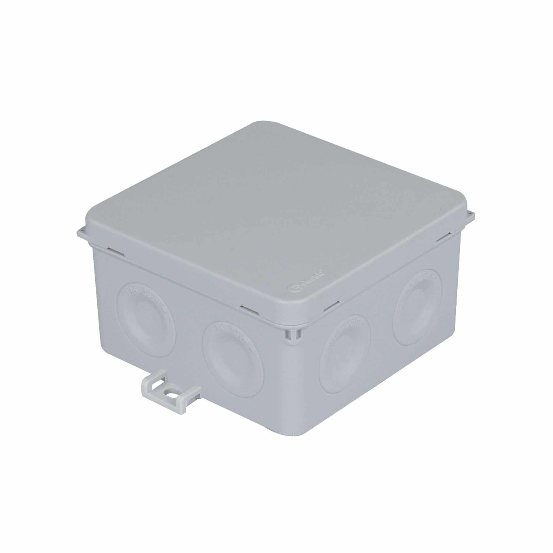 Scatola di giunzione da esterno 90x90x55mm, IP55, coperchio a scatto, manicotti a membrana, montaggio esterno, senza alogeni