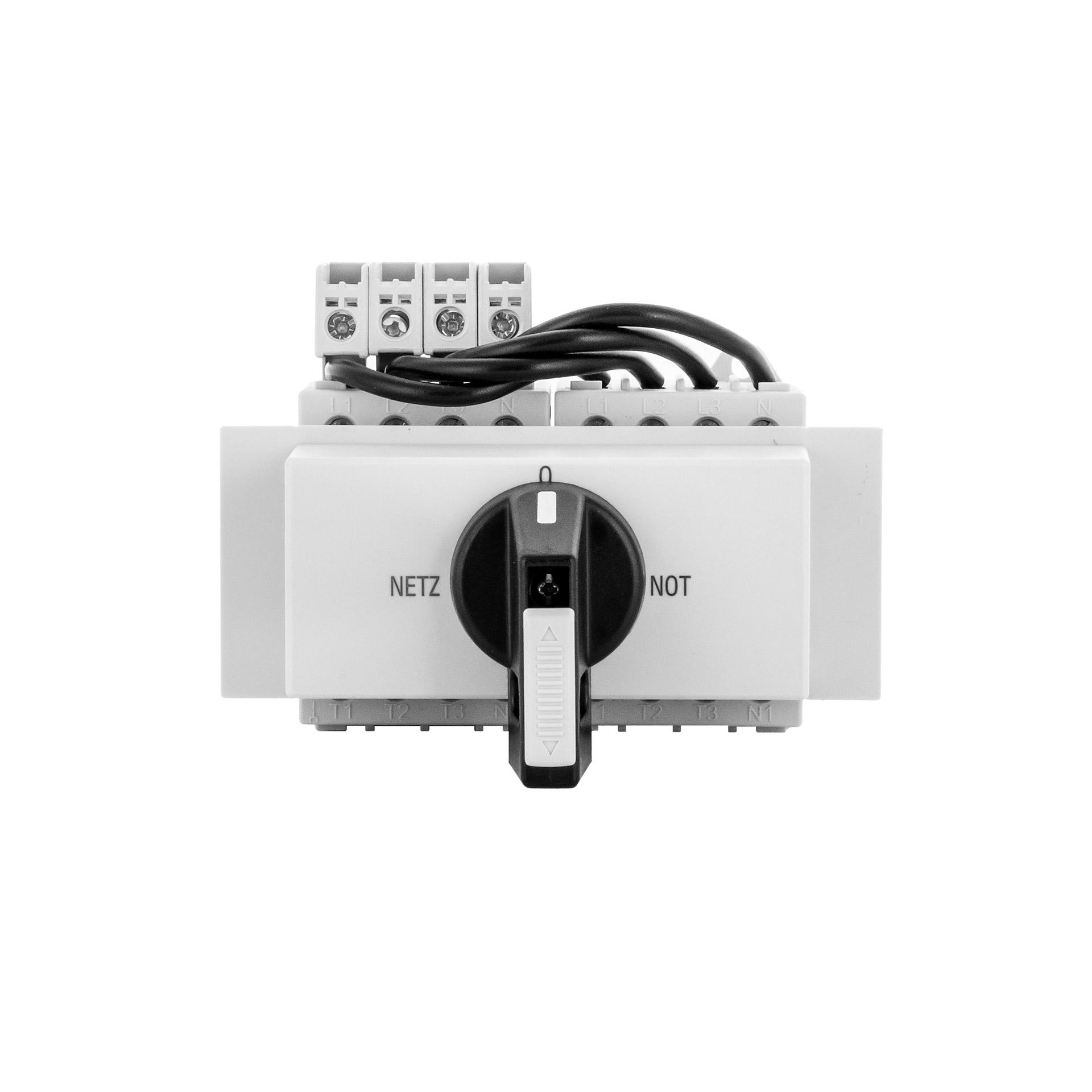 DIN changeover switch with locking device, 4-pole, 32A, 12.5 kW, IP40, mains-0-emergency