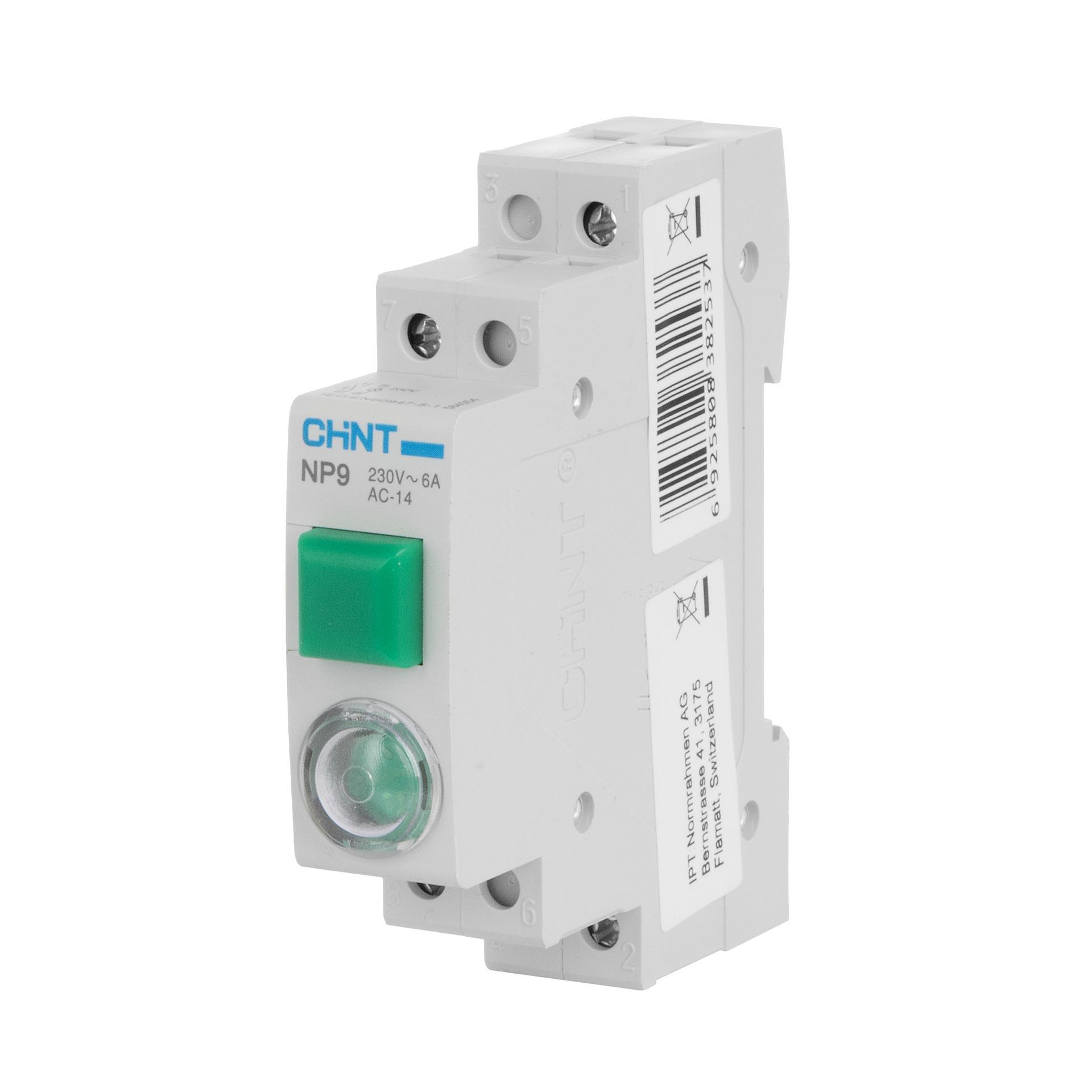 Chint REG Taster und Signal-Lampe (LED), 1-Modul, 230V AC/DC, grün, 16A (Ith), 6A (Ie), 1-Schlies.