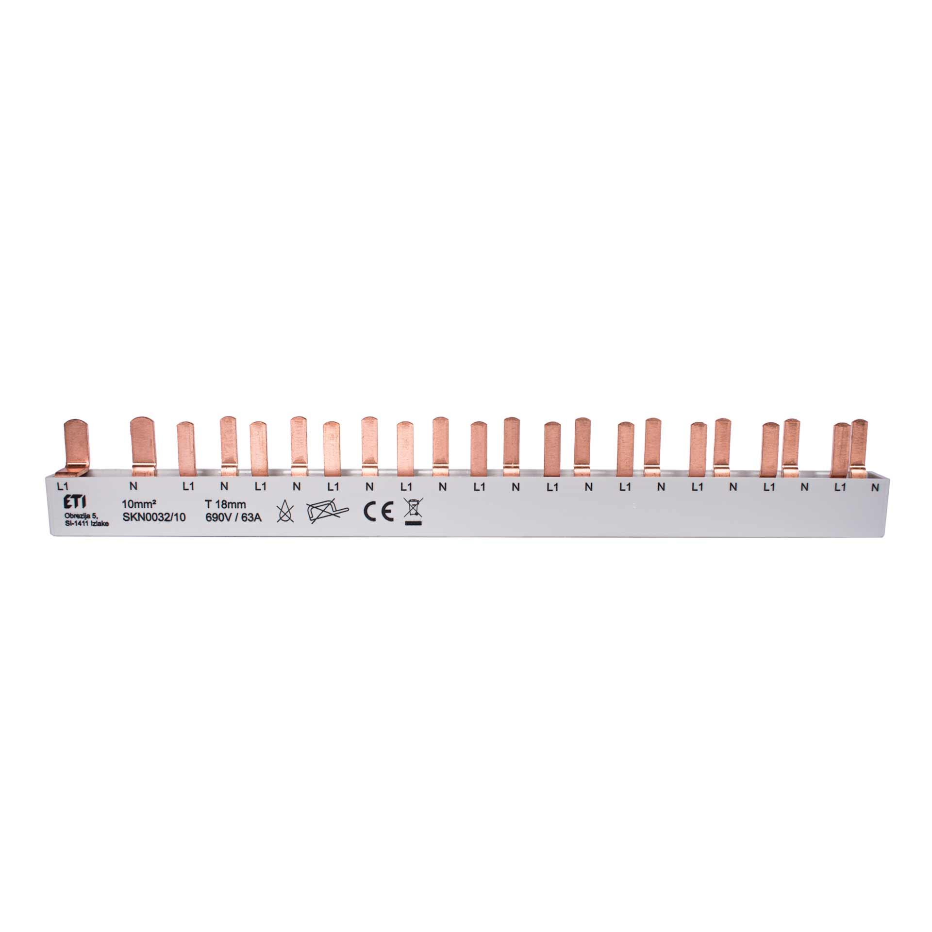 Insulated phase busbar 10mm2, 63A (1x1PN-2MOD, 10x1PN-1MOD)