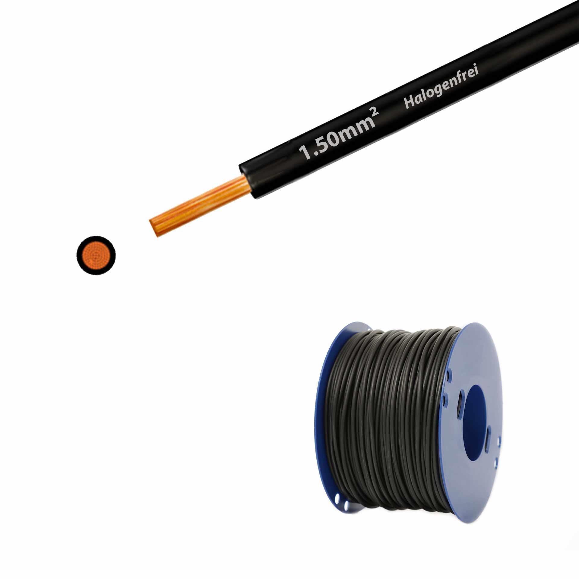 Halogen-free stranded wire 90° C, 750V, 1.50mm2, black (RAL 9005), on plastic reel