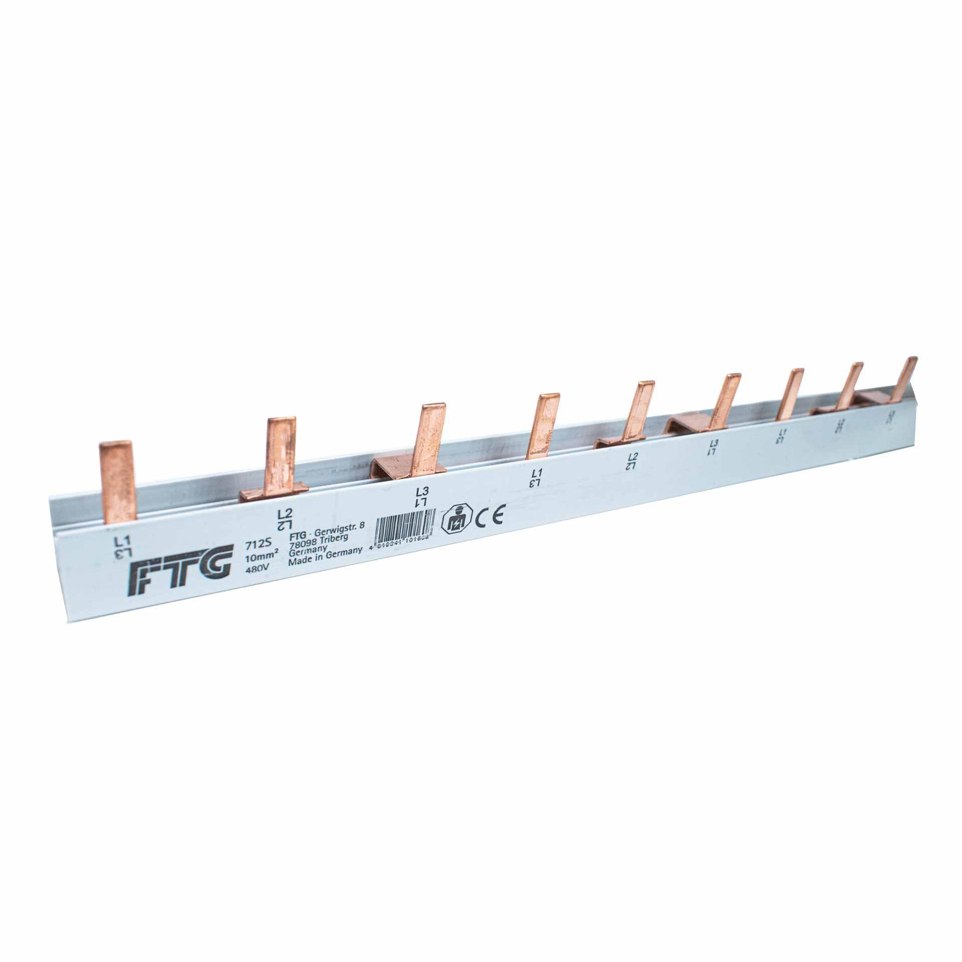 Insulated pin phase busbar 10 mm², 63A, 1m, P-P= 17.8 / 18 mm (L, H1, L, H1, L, H1...)