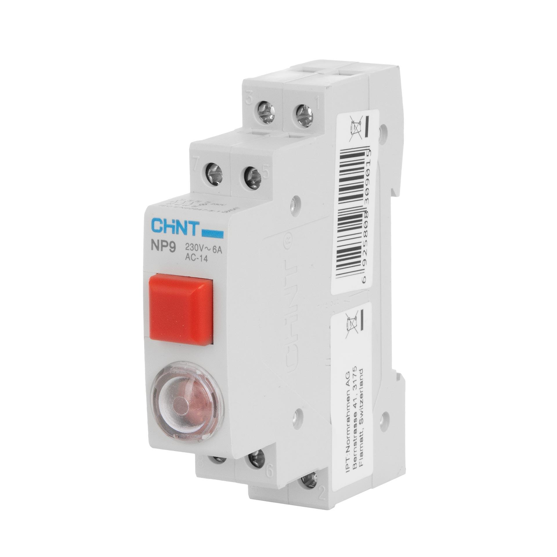 Chint REG Taster und Signal-Lampe (LED), 1-Modul, 230V AC/DC, rot, 16A (Ith), 6A (Ie), 3-Schliesser