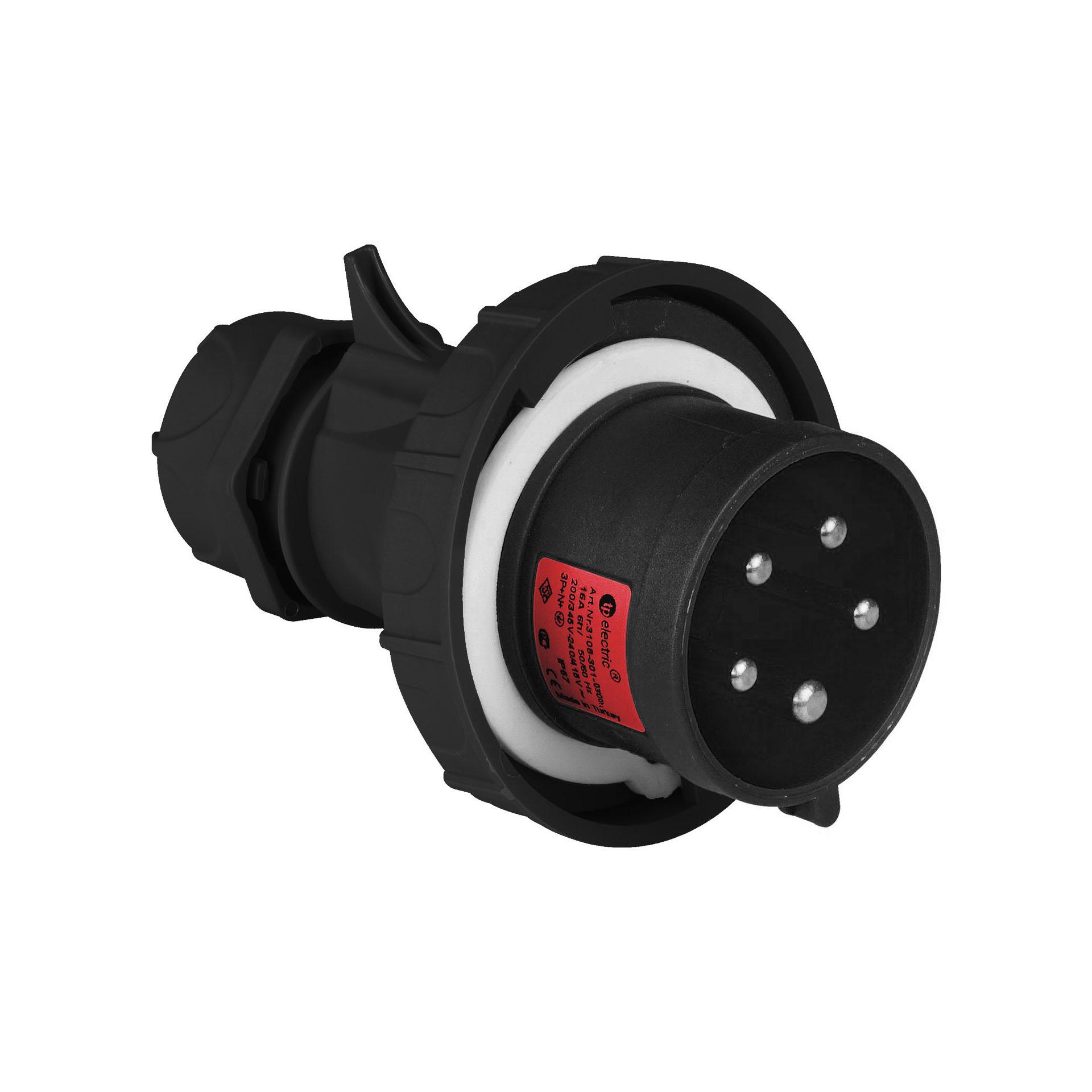 CEE plug 16A, 400V, 5-pole (3P+N+E), 6h, IP67, black, nickel-plated contacts