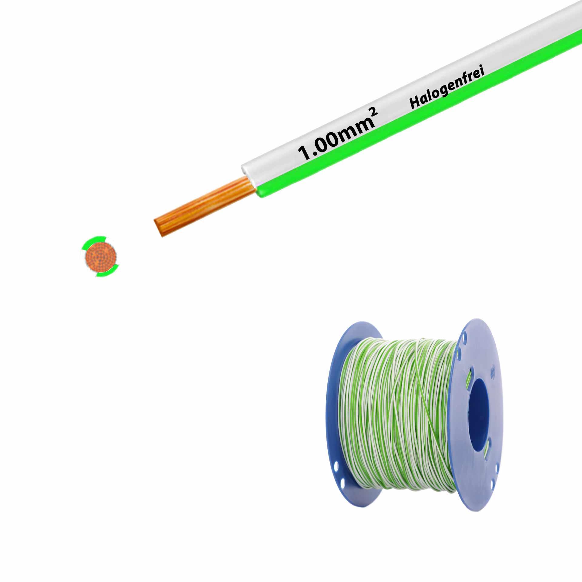 Fil sans halogène 90° C , 500V, 1.00mm2, blanc-vert (RAL 9010/6018), sur bobine