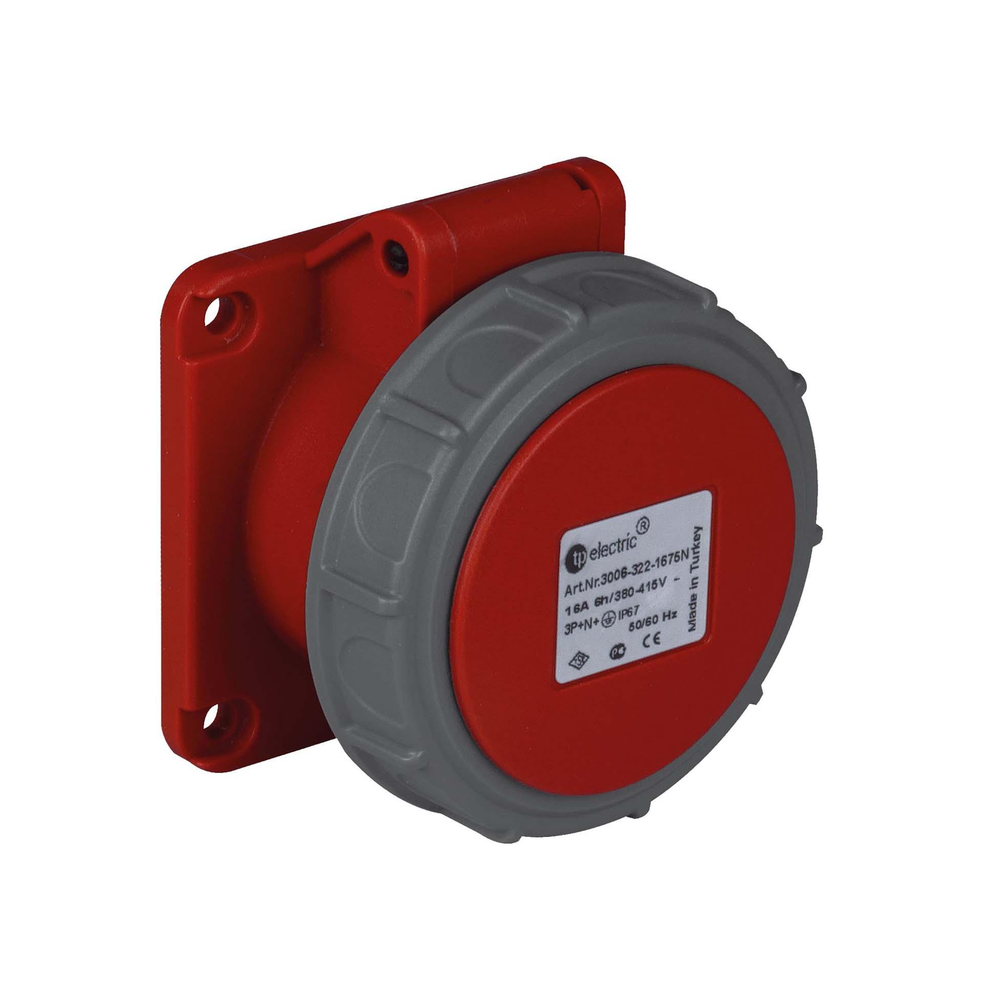 Quick CEE socket outlet 16A, 400V, 5-pole (3P+N+E), 6h, IP67, straight, red, nickel-plated contacts