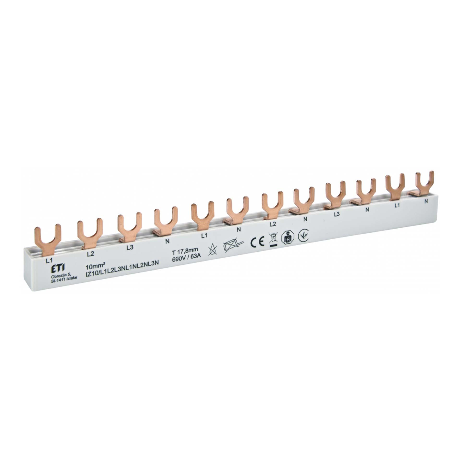 Isolierte Gabel-Phasenschiene 10mm2, 63A (1x3PN-4MOD, 4x1PN-2MOD)