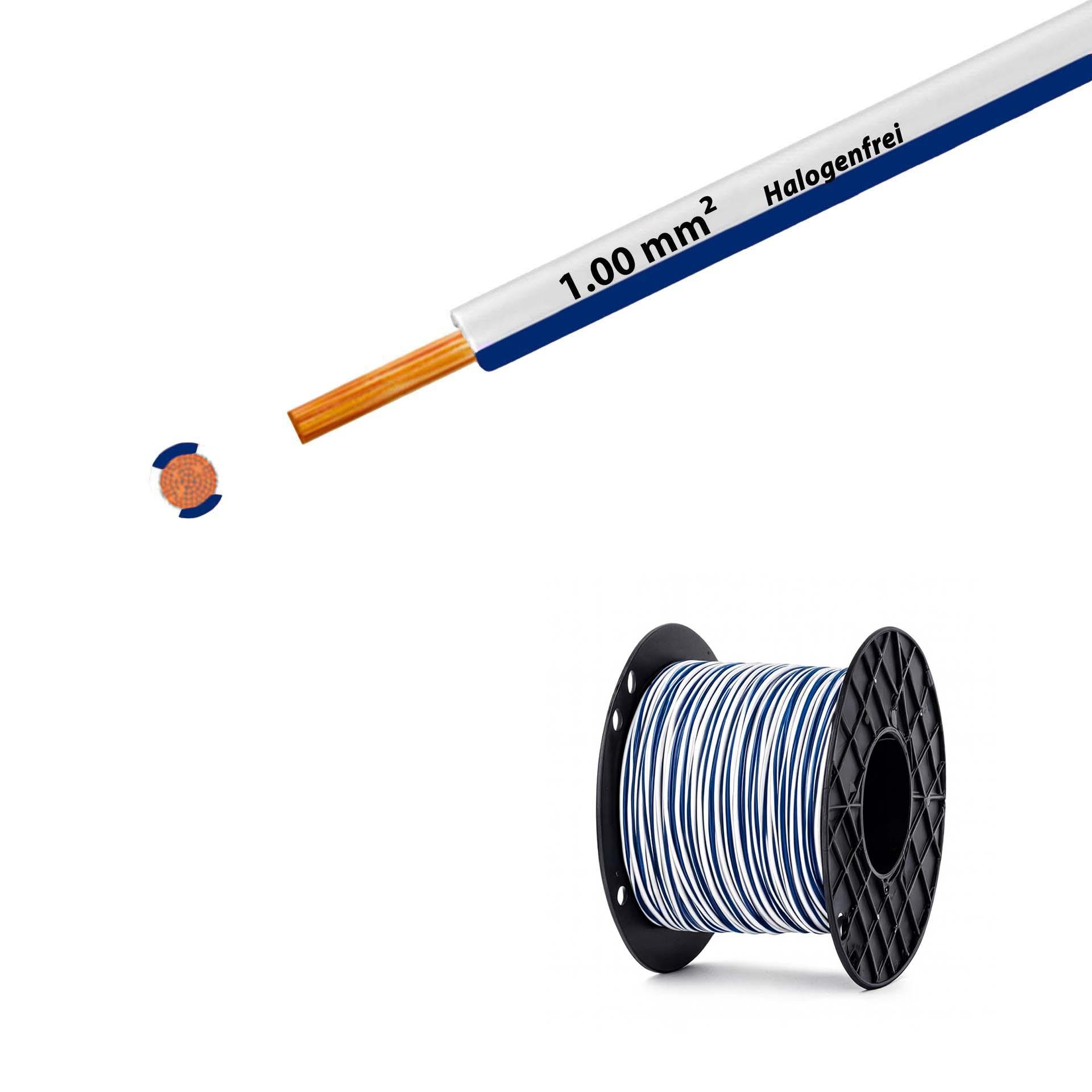 Fil sans halogène 90° C, 500V, 1.00mm2, blanc-bleu foncé (RAL 9010/5010), sur bobine grand