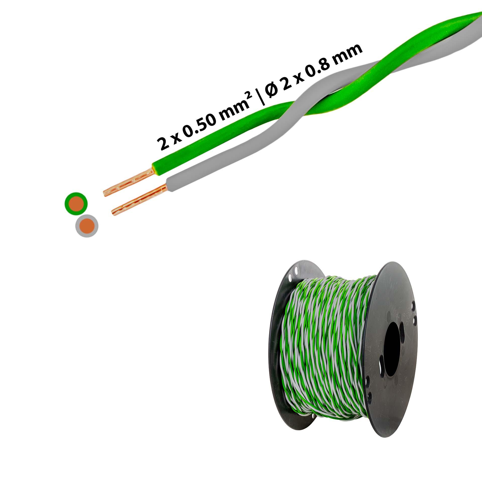 Twisted T-wire 2 x 0.5mm2, green-grey, on plastic reel