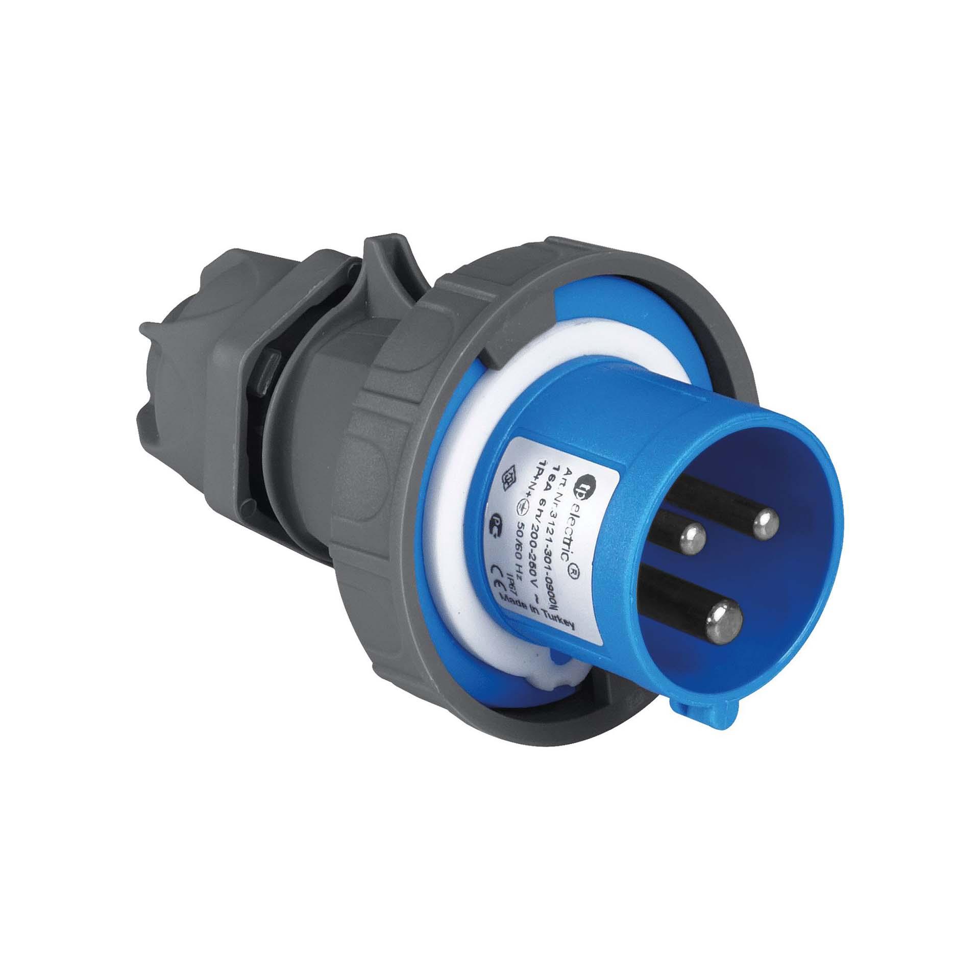 Quick CEE plug 16A, 230V, 3-pole (1P+N+E), 6h, IP67, blue-anthracite, nickel-plated contacts