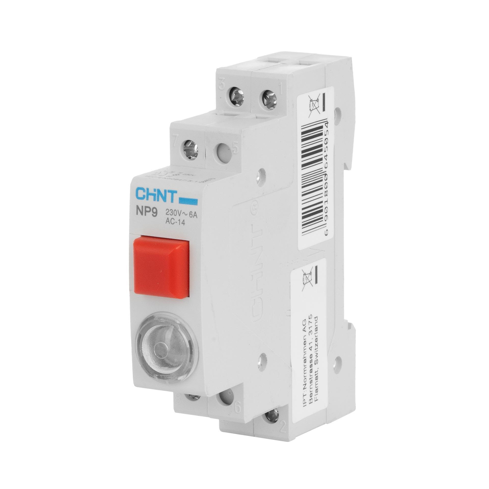 Chint REG Taster und Signal-Lampe (LED), 1-Modul, 230V AC/DC, rot, 16A (Ith), 6A (Ie), 1S & 1Ö