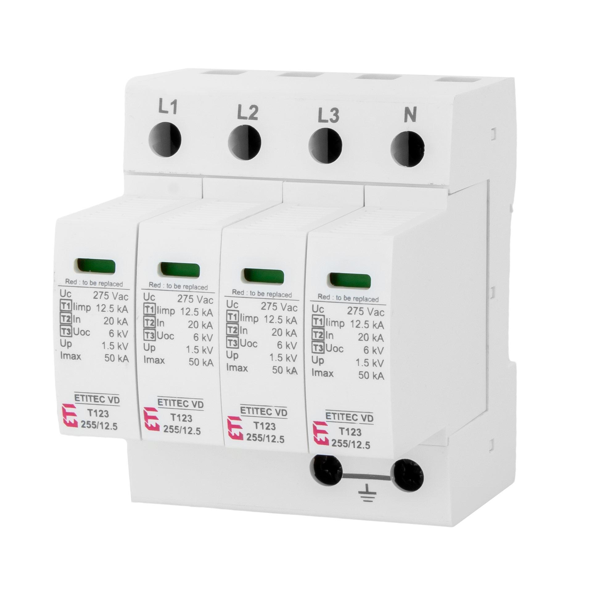 Parafoudre type 1+2+3, ETITEC VD T123 255/12,5 4+0 RC sans courant de fuite (TN-S) Parafoudre type 1+2+3, ETITEC VD T123 255/12,5 4+0 RC sans courant de fuite (TN-S)