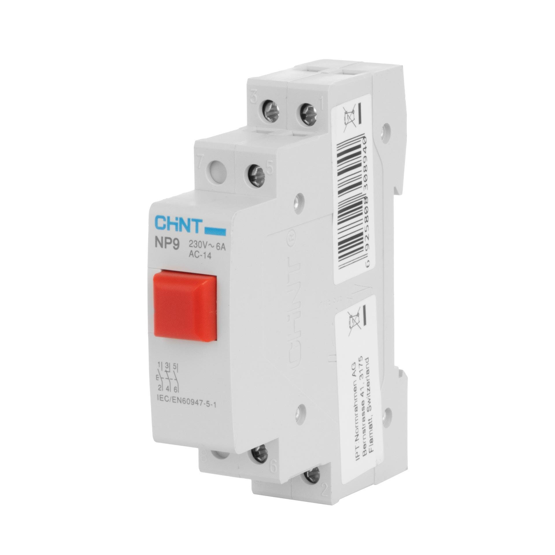 Chint REG Taster (rot), 1-Modul, 230V AC/DC, 16A (Ith), 6A (Ie),  3-Schliesser, Typ NP9-30/2