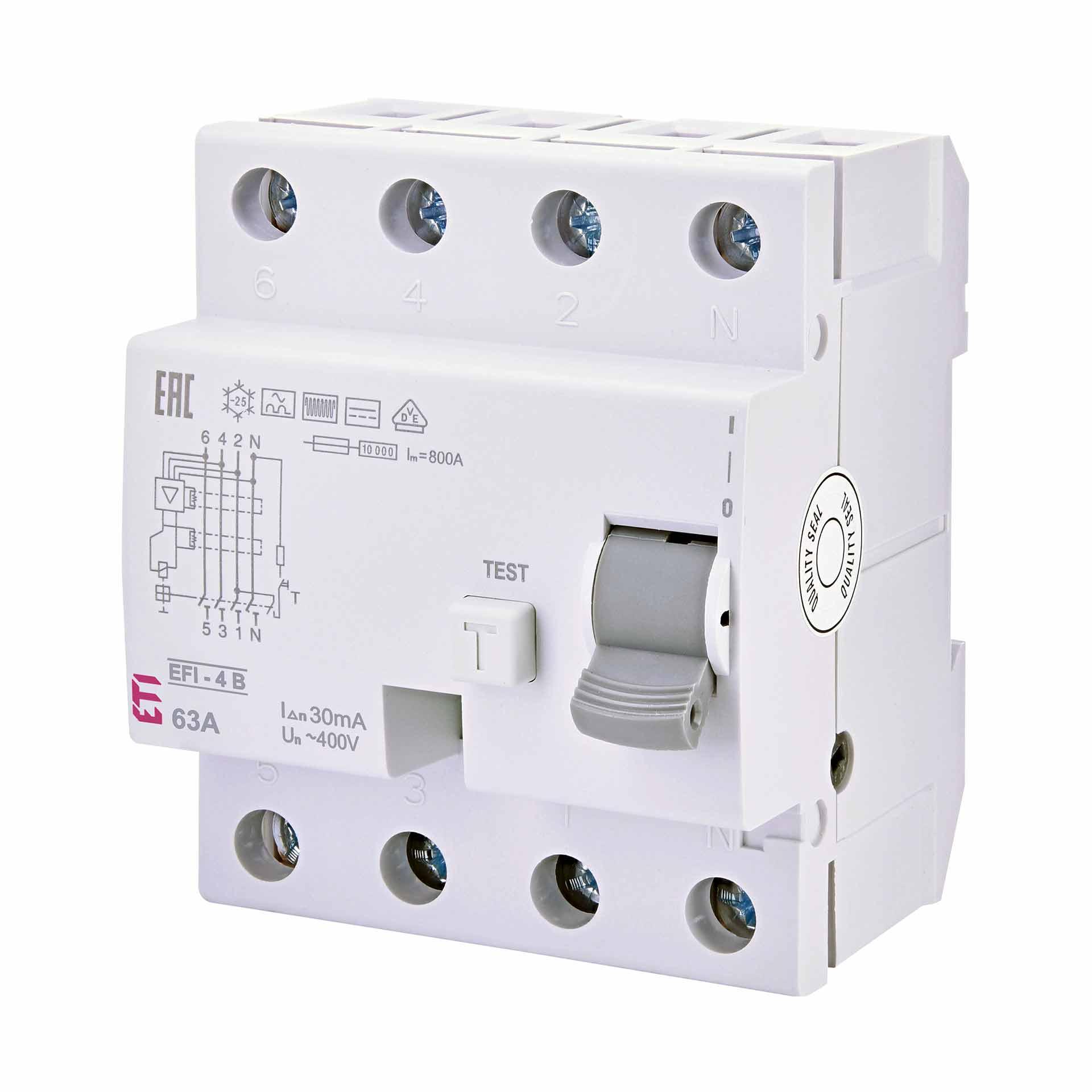 Residual current circuit-breaker, instantaneous, EFI-4, type-B, 4-pole, 63A, 10kA (0.03A)