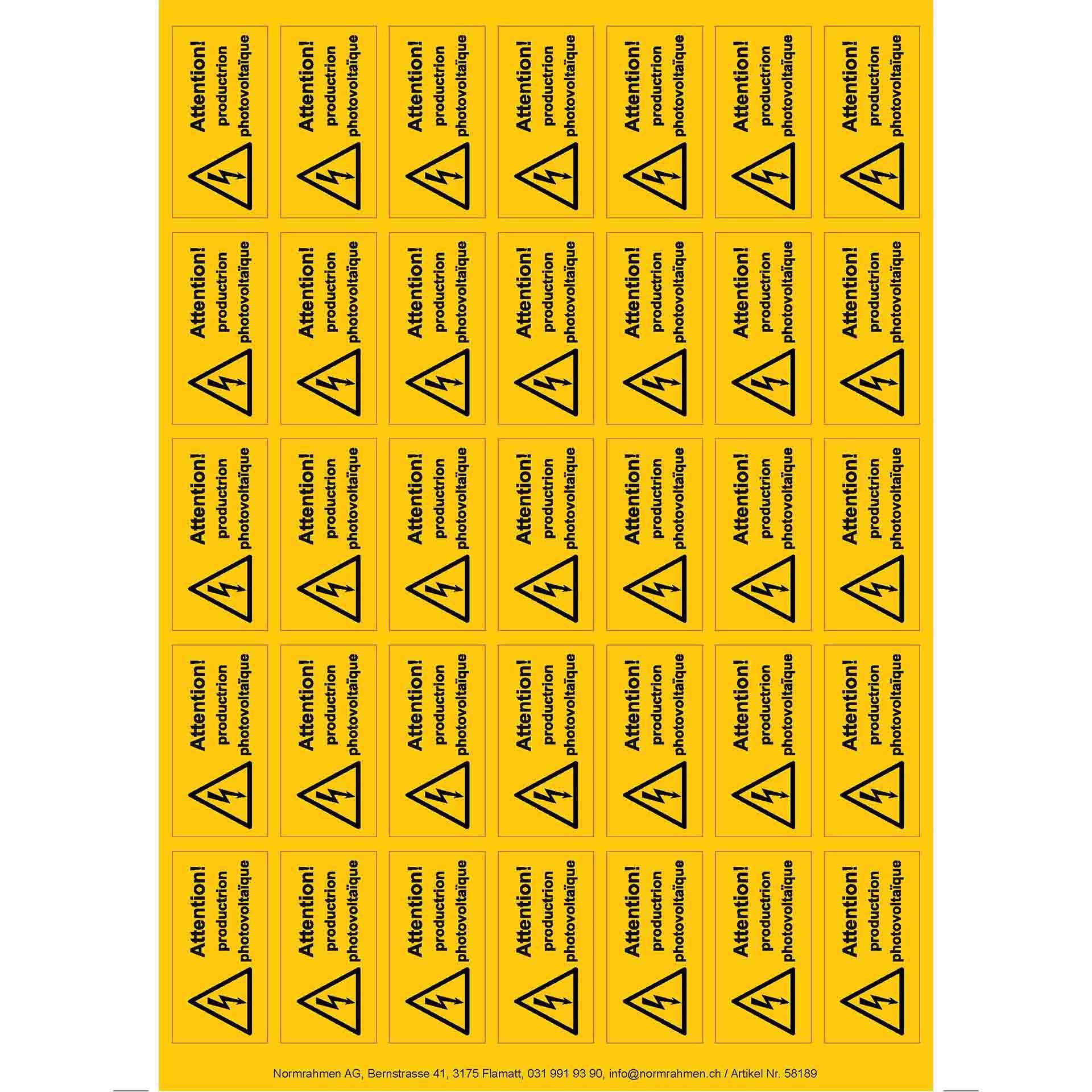 Autocollant "Attention! productrion photovoltaïque" jaune 52x26 mm, Lot de 35 pièces, Feuille A4