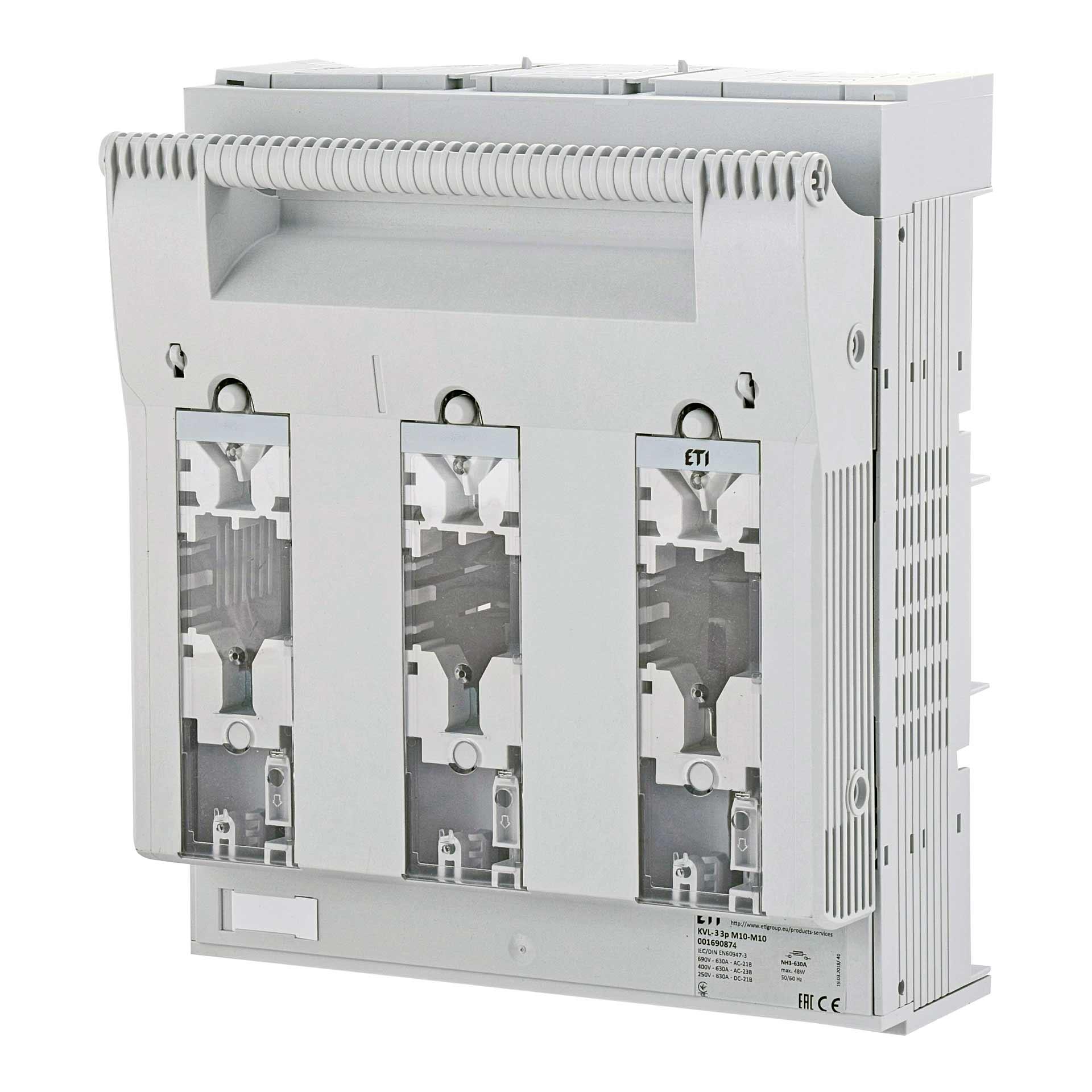 NH-Sicherungslasttrennschalter Gr.3, 3P, Max. 630A, KVL-3 M10-M10 (Aufbaumontage) NH-Sicherungslasttrennschalter Gr.3, 3P, Max. 630A, KVL-3 M10-M10 (Aufbaumontage)